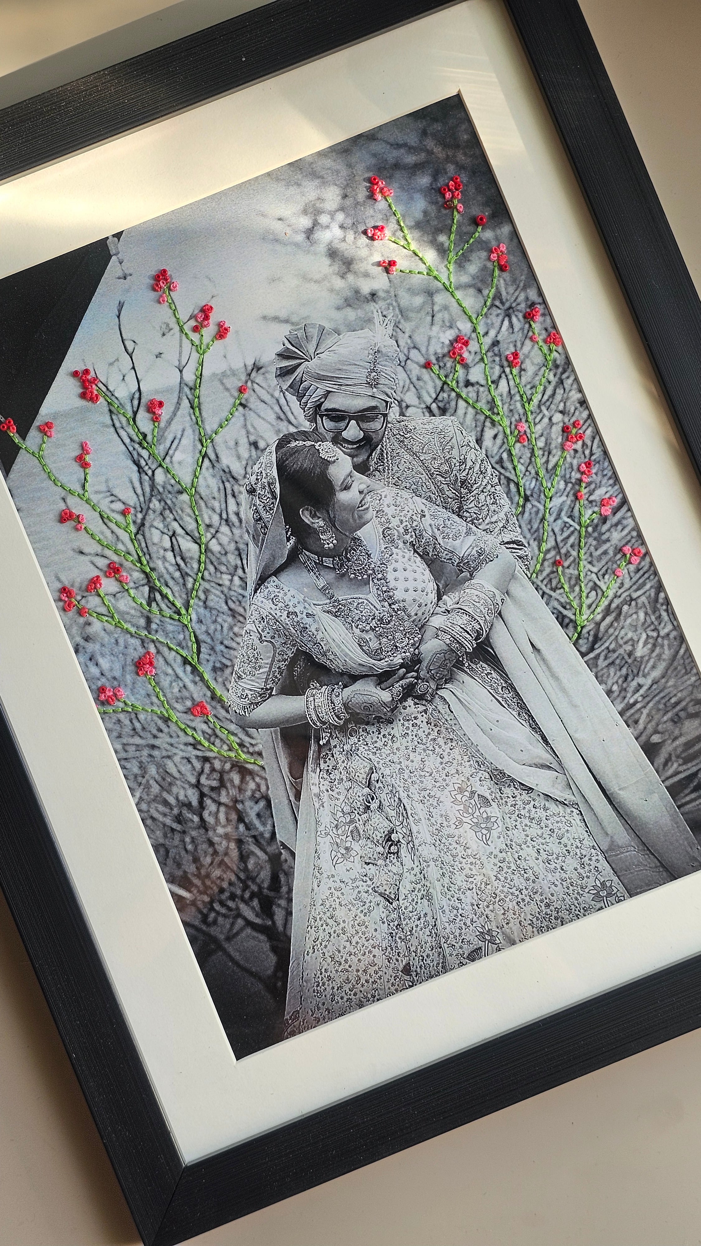 Hand-Embroidered Personalized Photo Frame – Custom Memory Art with Rare Indian Threadwork (A5/A4/A3 Sizes)