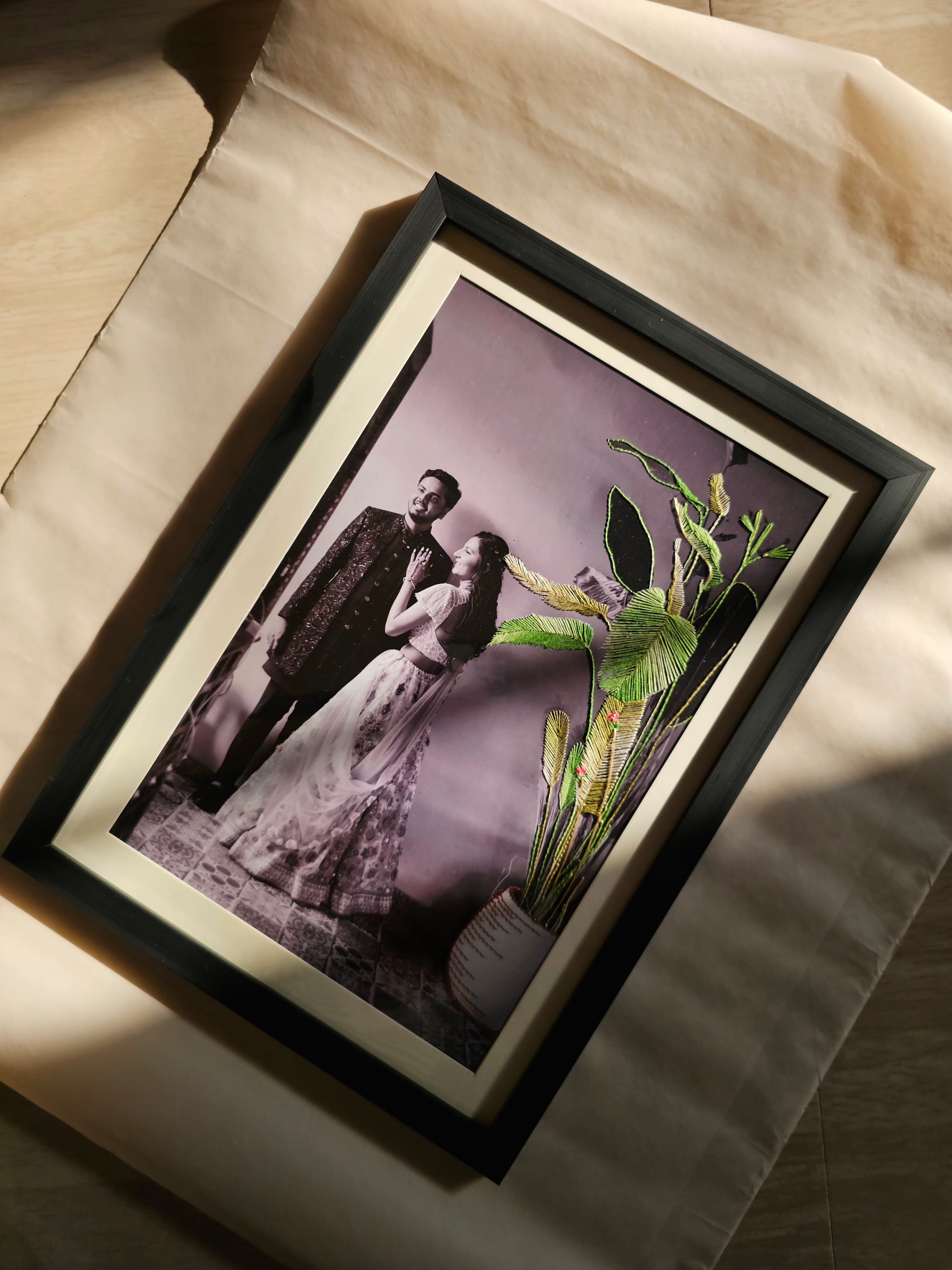 Hand-Embroidered Personalized Photo Frame – Custom Memory Art with Rare Indian Threadwork (A5/A4/A3 Sizes)