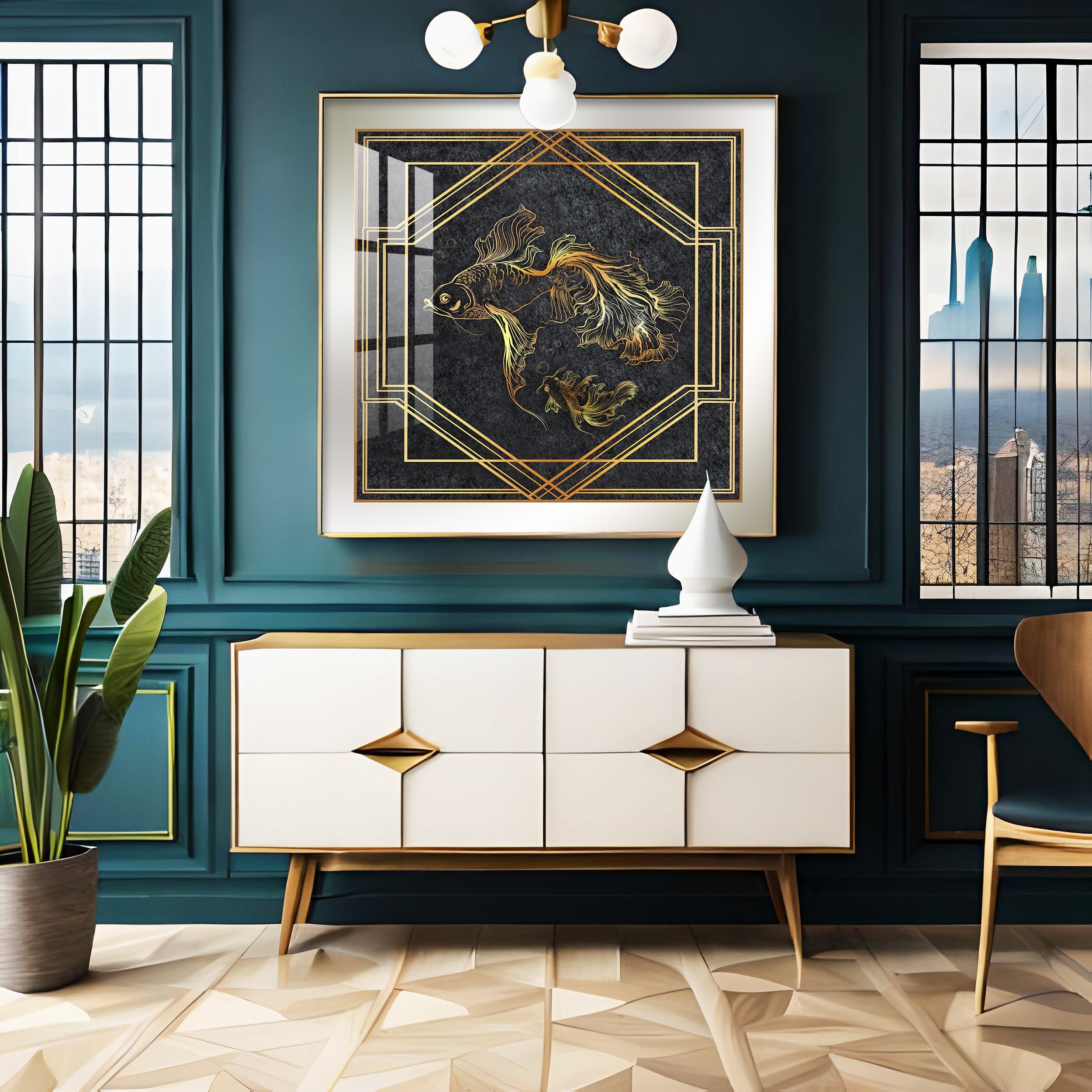 Modern Fashionable Gold Foil Goldfish Premium Acrylic Square Wall Art
