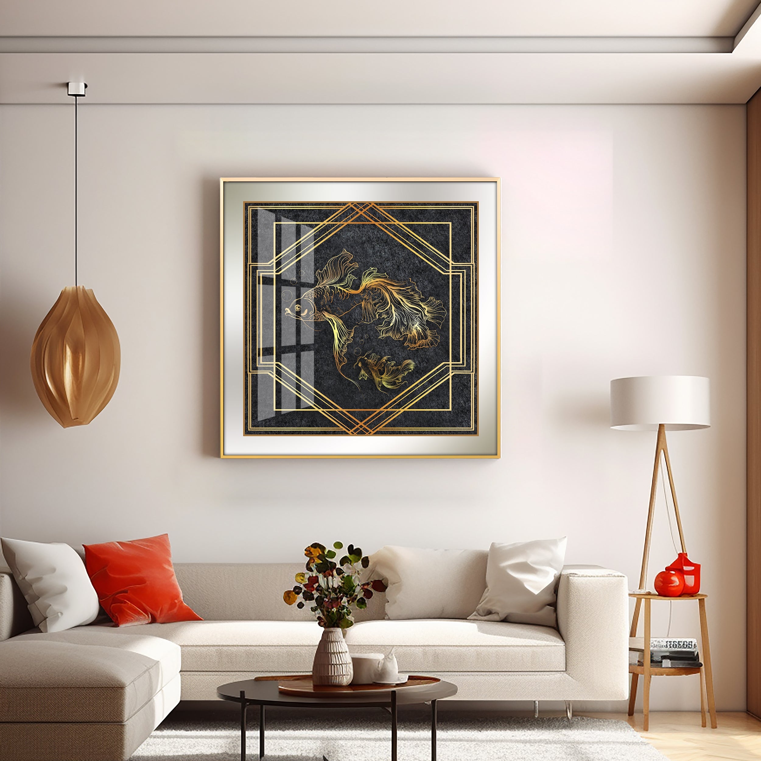 Modern Fashionable Gold Foil Goldfish Premium Acrylic Square Wall Art