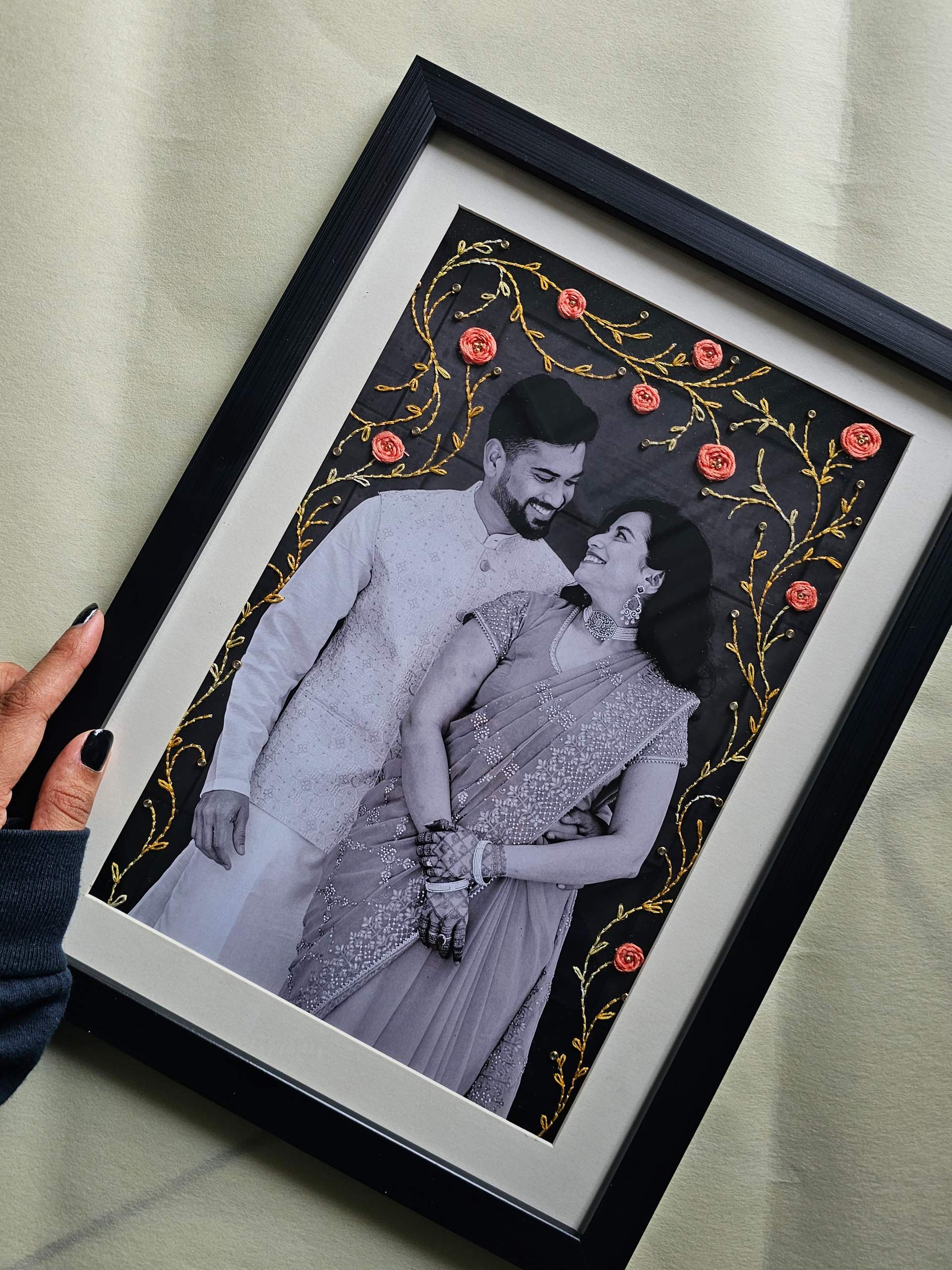 Hand-Embroidered Personalized Photo Frame – Custom Memory Art With Rare Indian Threadwork (a5/A4/A3 Sizes)