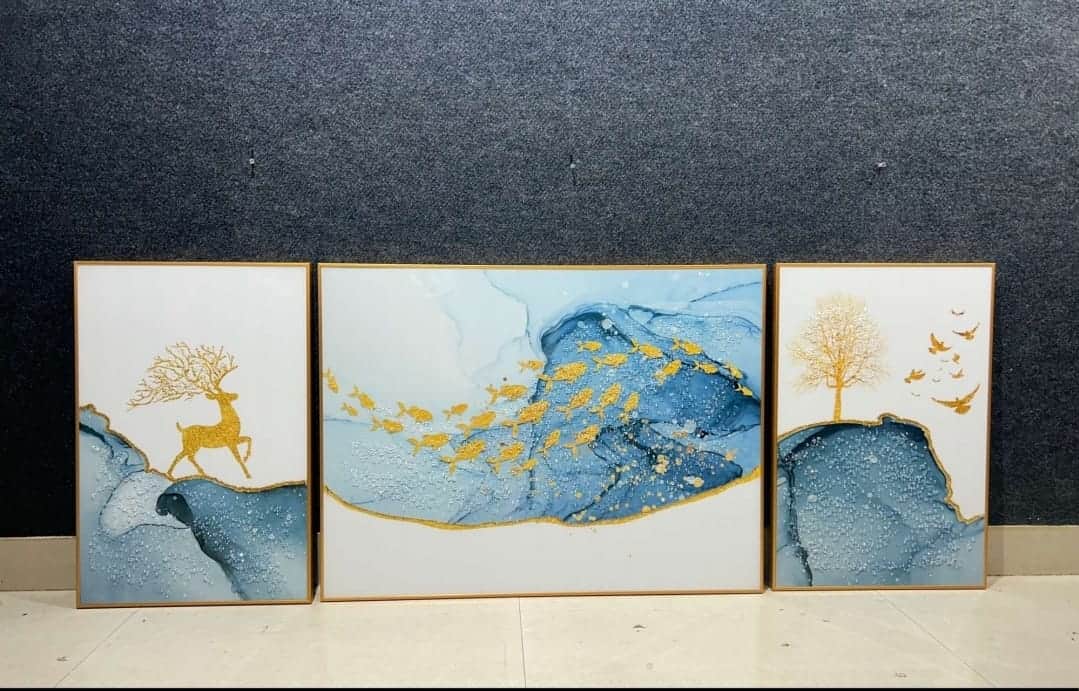 Set Of 3 Golden Deer Wall Paitning