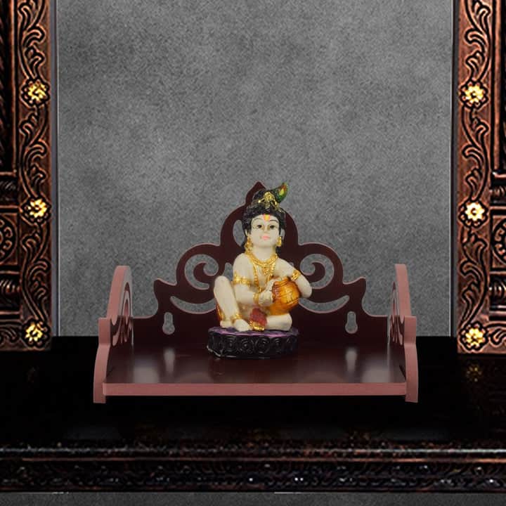 Wooden Mini Temple For Home And Office Wall Mounted, Hanging Pooja Mandir Decoration Shelf Cabinet For Temple Wooden Color