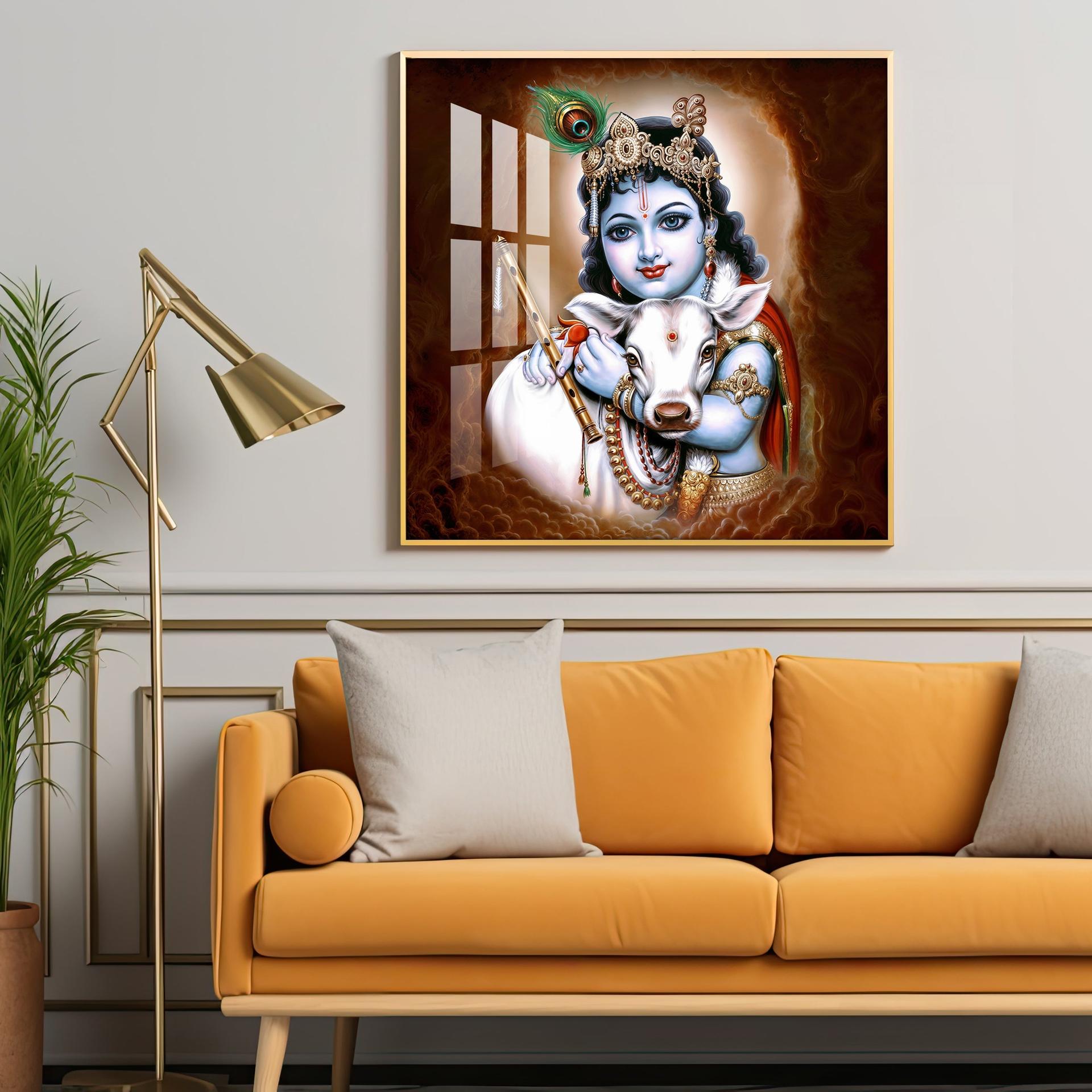 Krishna With Bansuri & Cow Premium Acrylic Horizontal Wall Art - Image 2