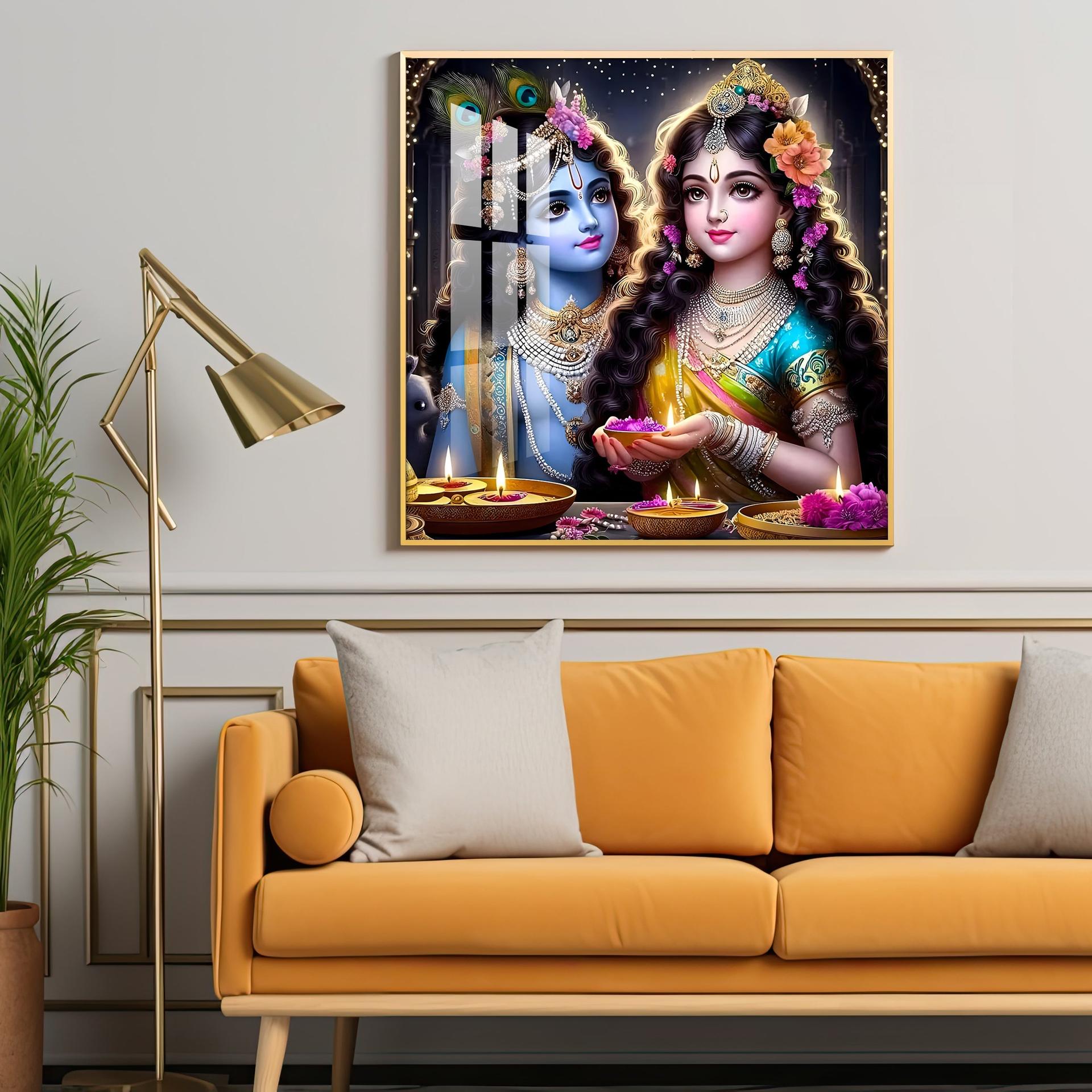 Glowing Krishna Radha Premium Acrylic Square Wall Art - Image 9