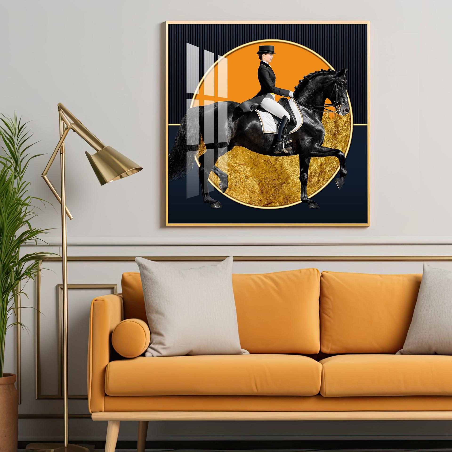 Man Riding On Black Horse Premium Acrylic Square Wall Art - Image 3