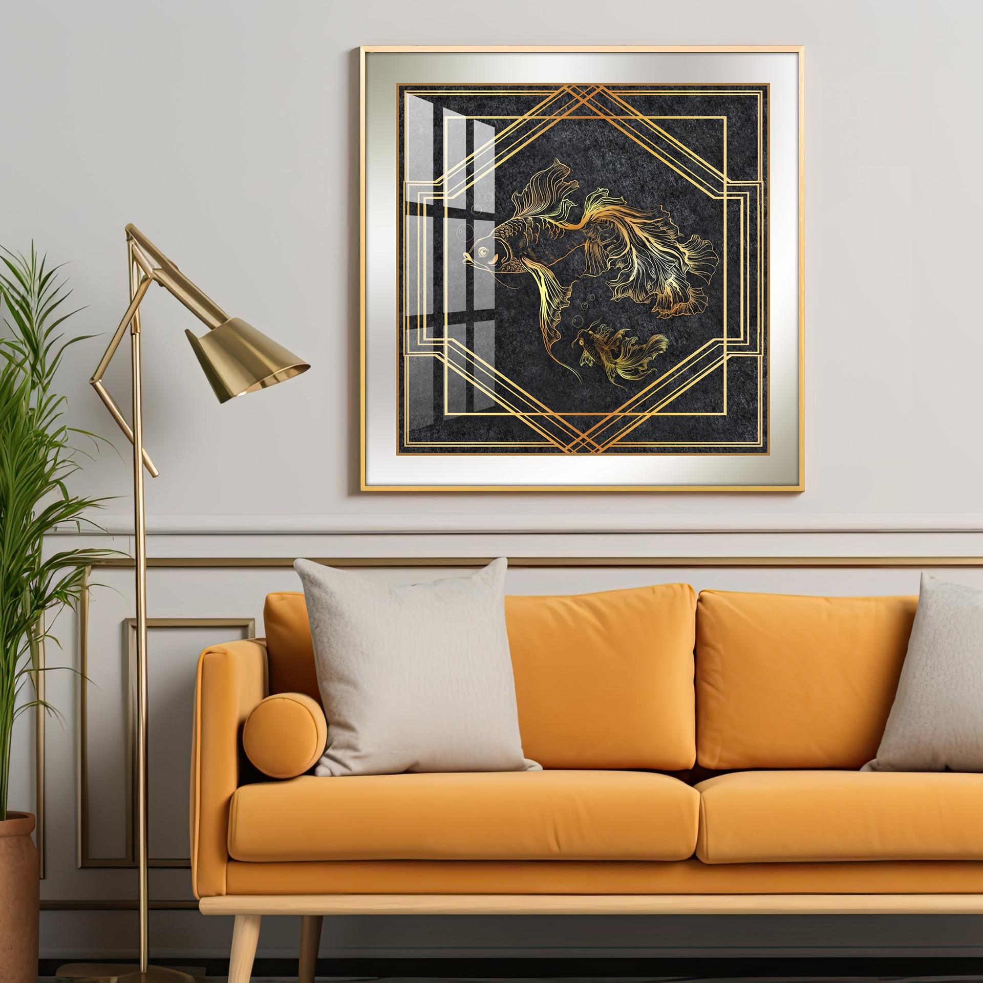 Modern Fashionable Gold Foil Goldfish Premium Acrylic Square Wall Art - Image 2