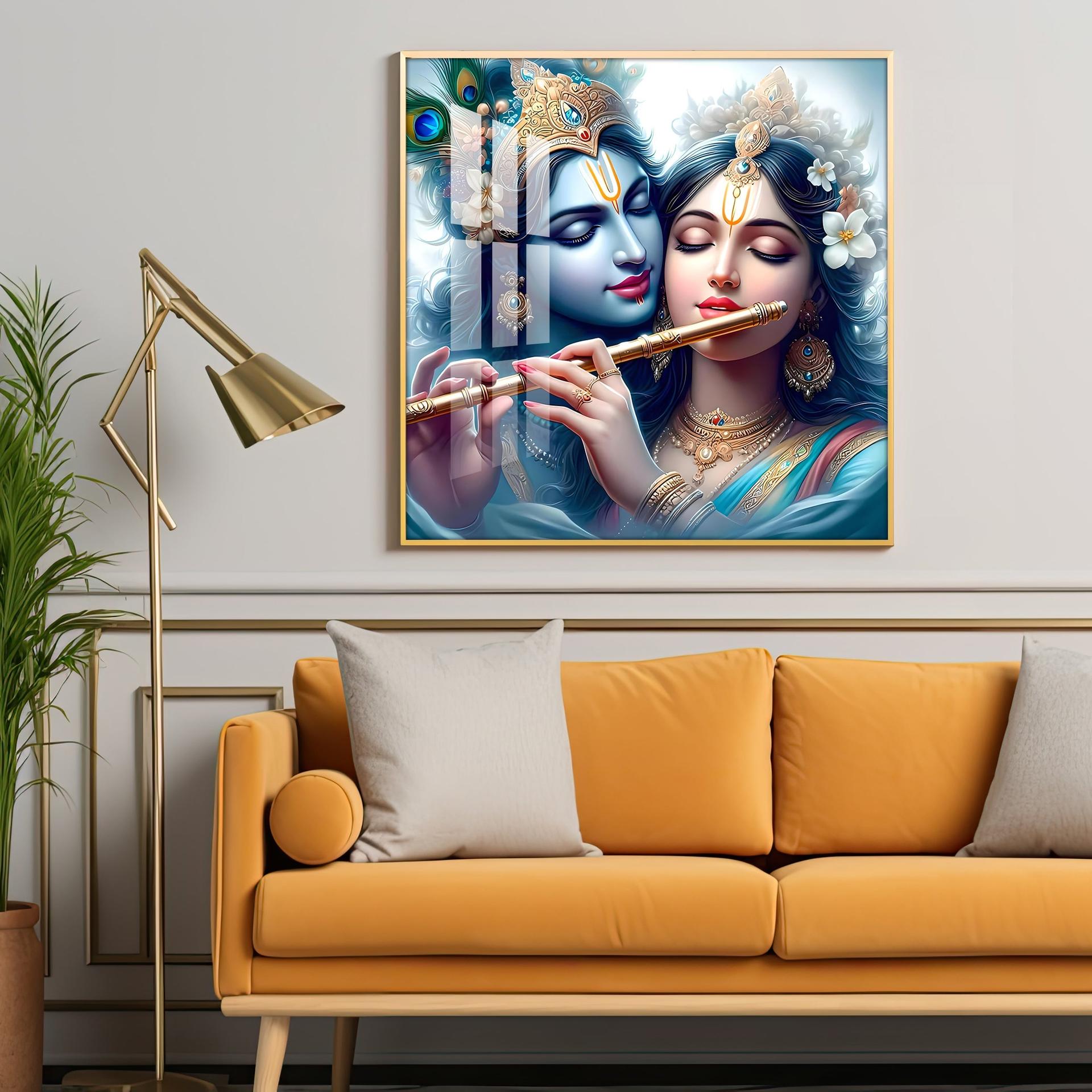 Radha Krishna With Flute Premium Acrylic Square Wall Art - Image 2