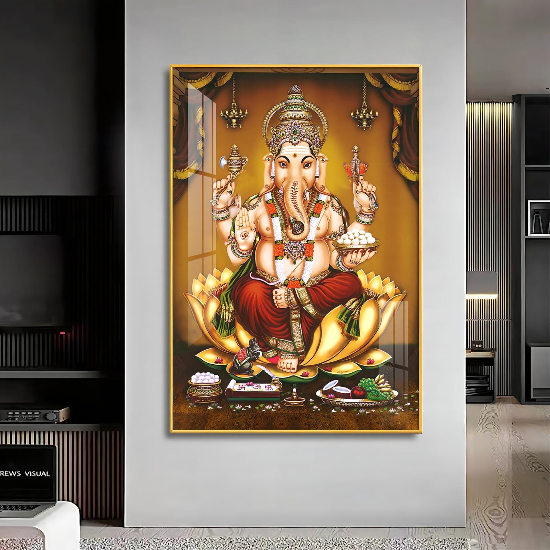Lord Ganesha On Gold Lotus Premium Vertical Acrylic Wall Art - Image 13