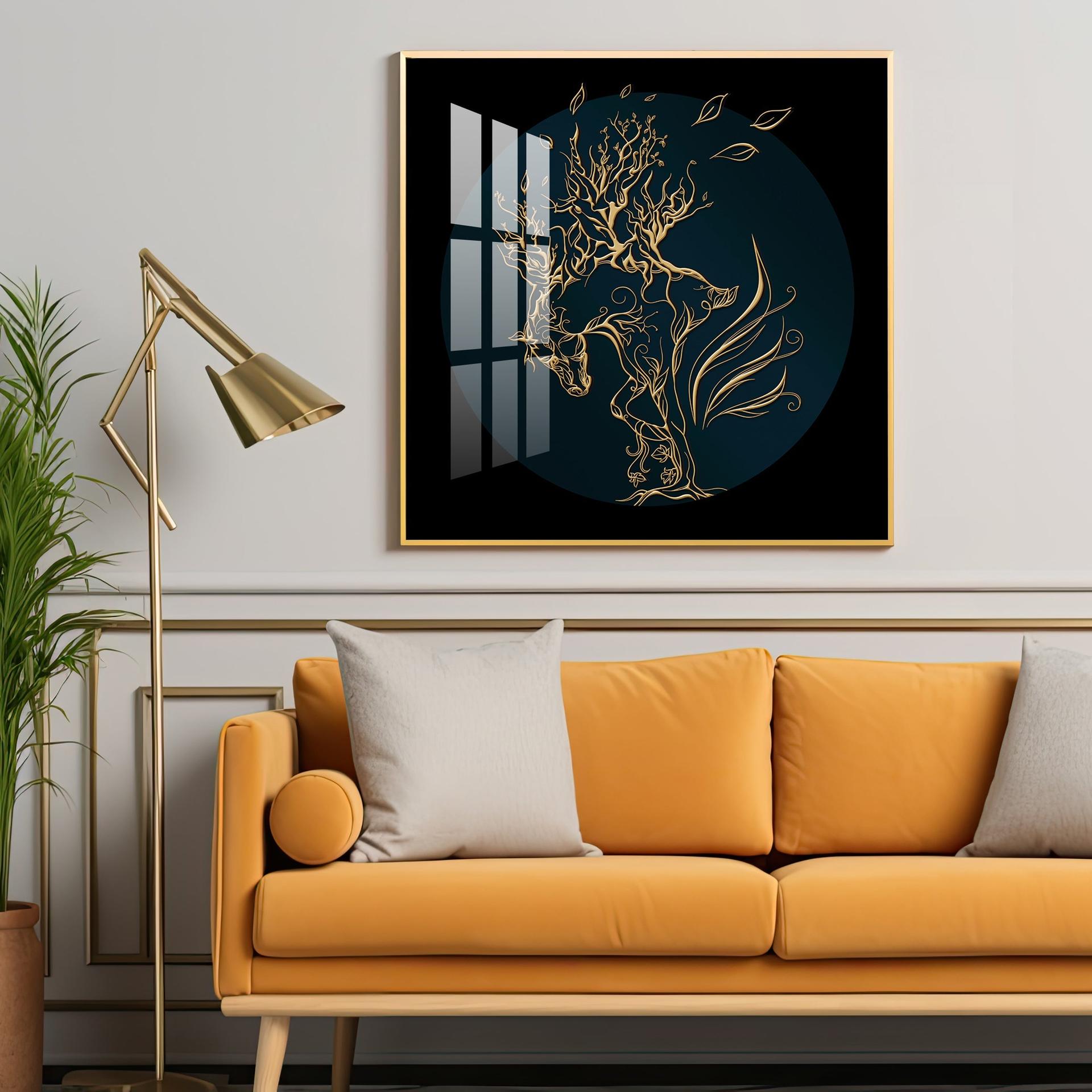 Golden Horse Lines Abstract Premium Acrylic Square Wall Art - Image 2