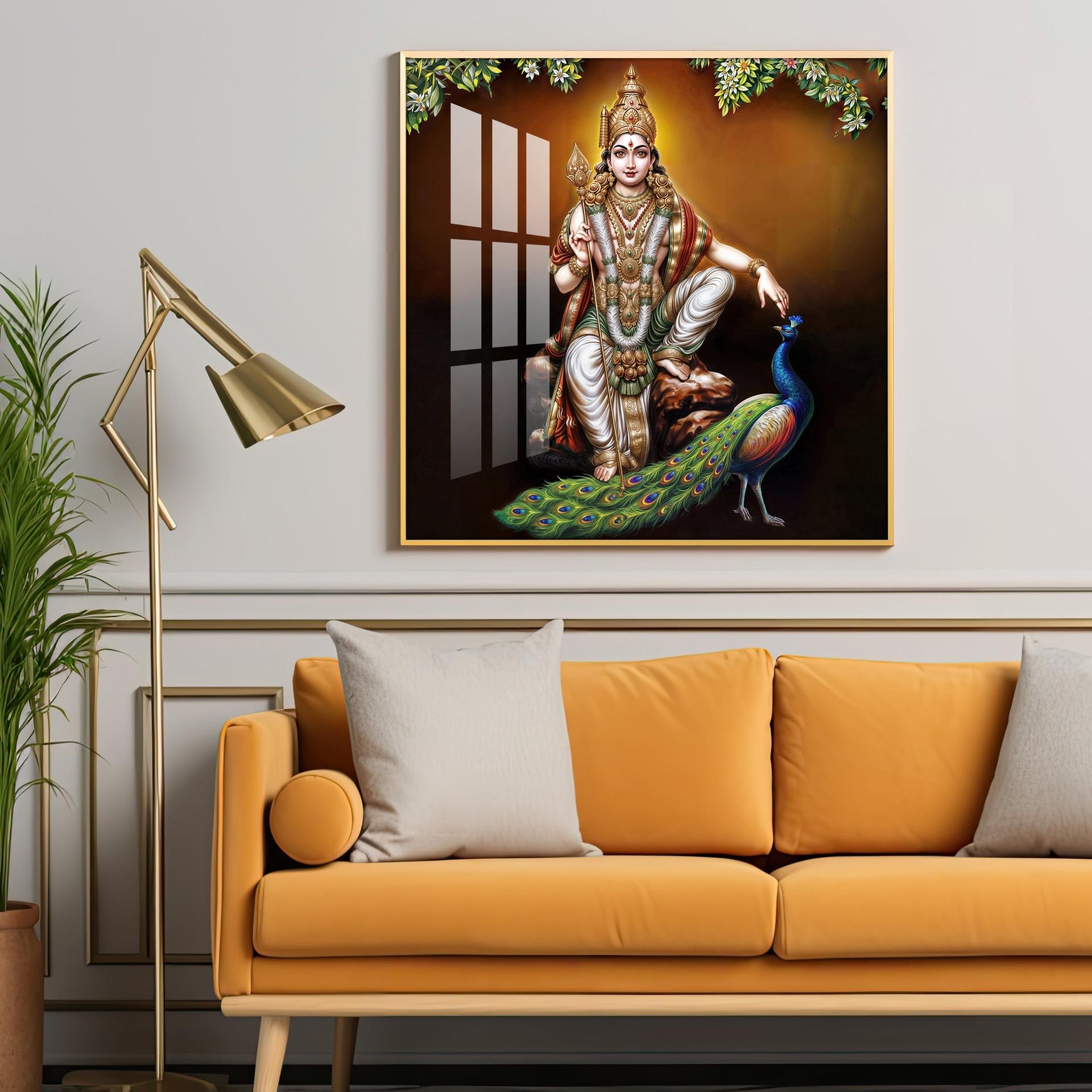 Lord Murugan With Peacock Premium Acrylic Square Wall Art - Image 3