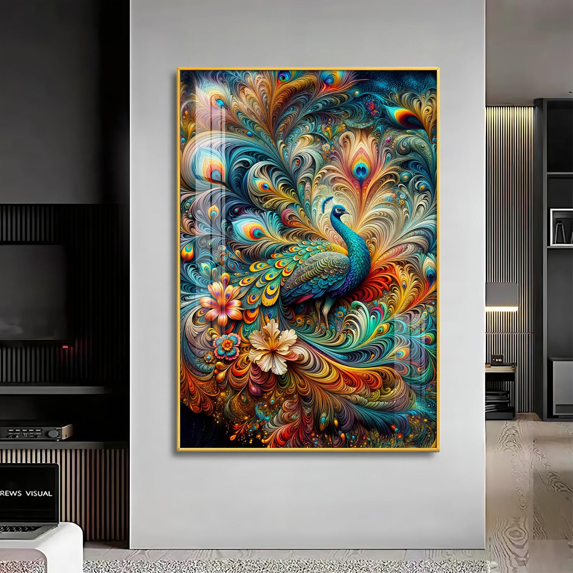 Chromatic Peacock Elegance Luxury Crystal Vertical Wall Art - Image 11