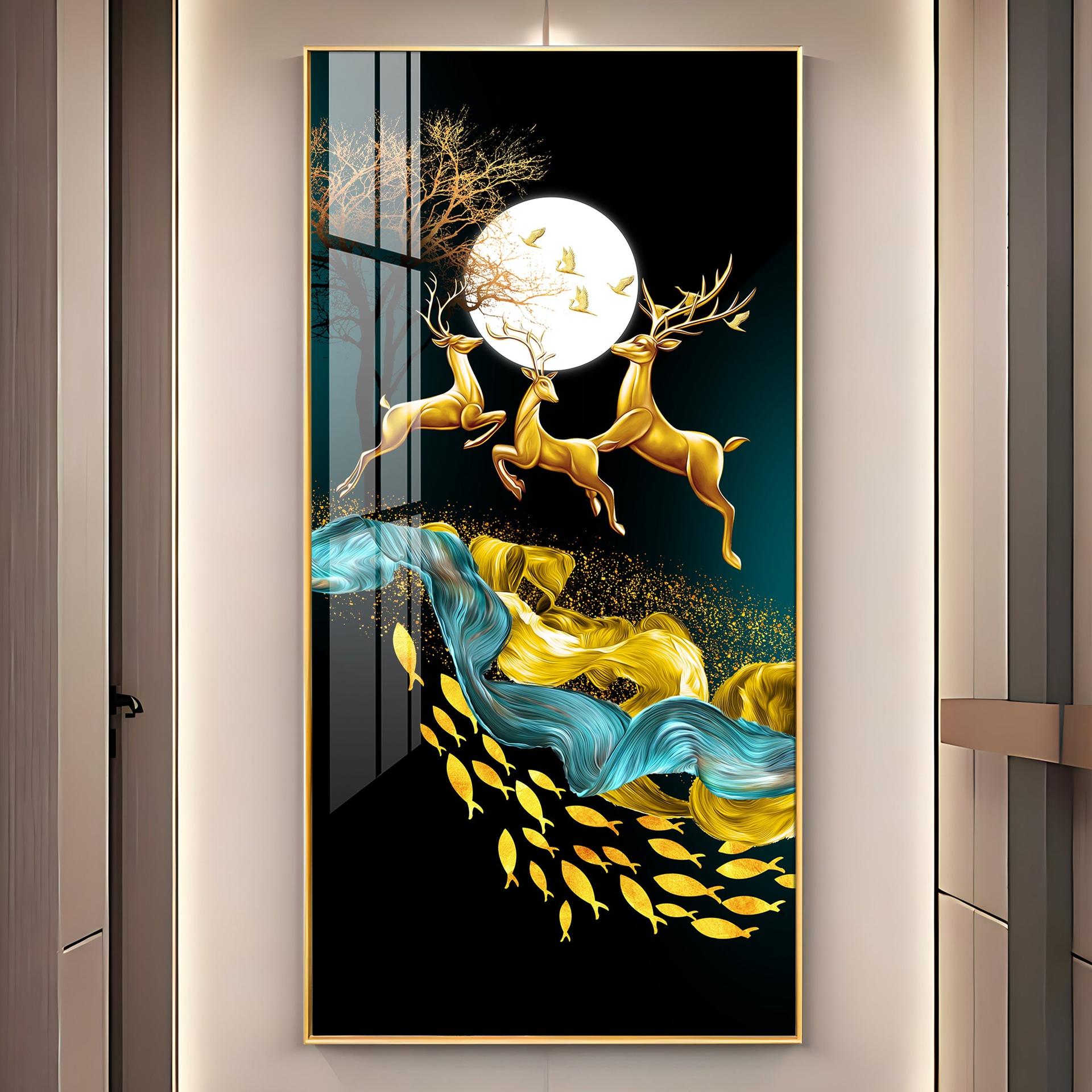 Jolly Deers With Koi Fish Luxury Crystal Vertical Wall Art