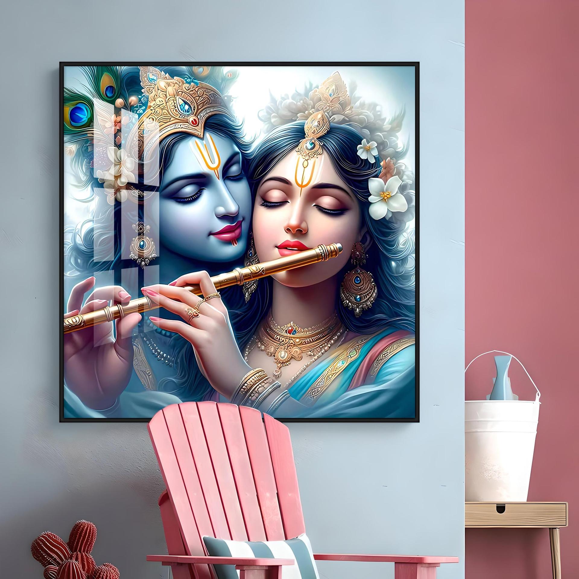 Radha Krishna With Flute Premium Acrylic Square Wall Art - Image 14