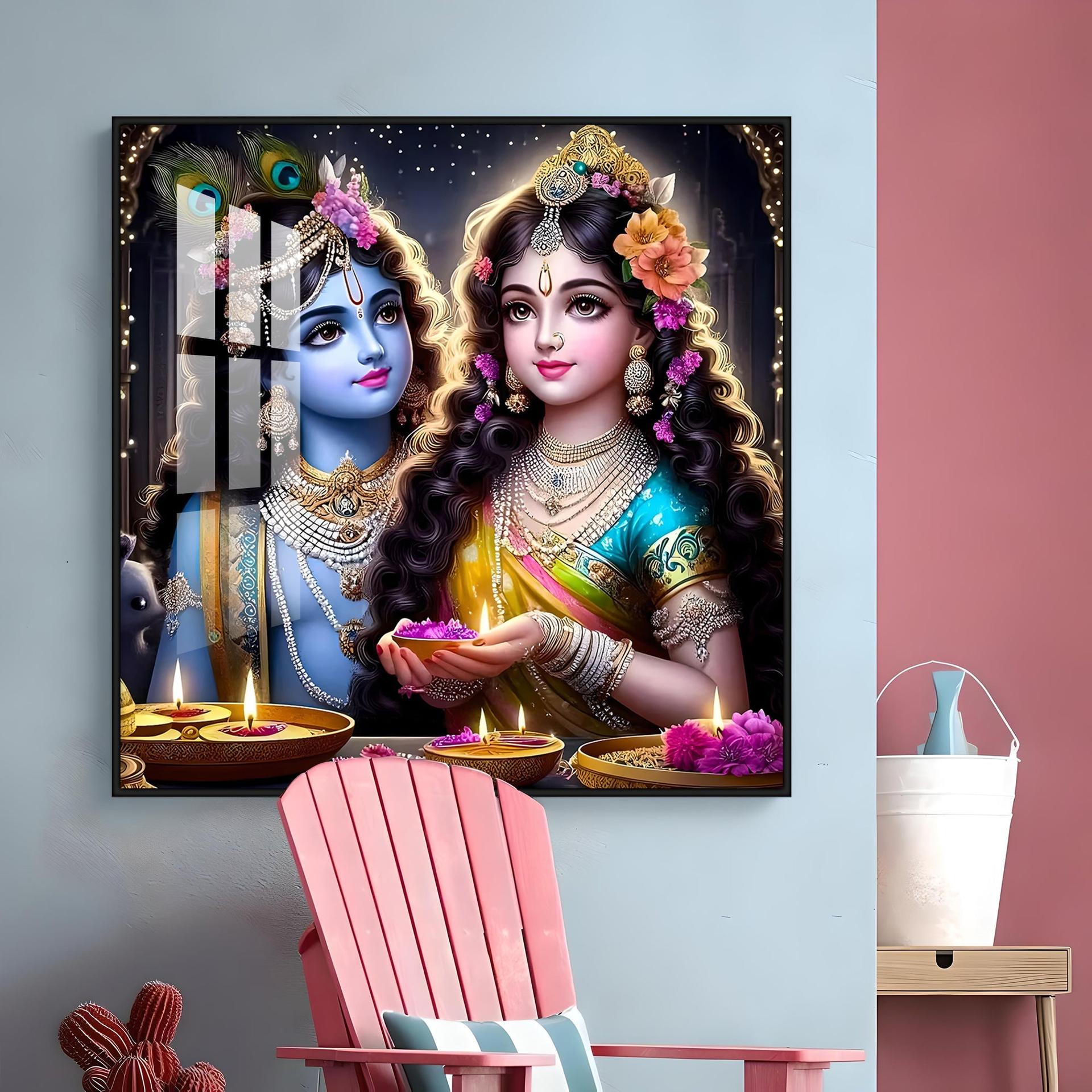 Glowing Krishna Radha Premium Acrylic Square Wall Art - Image 14