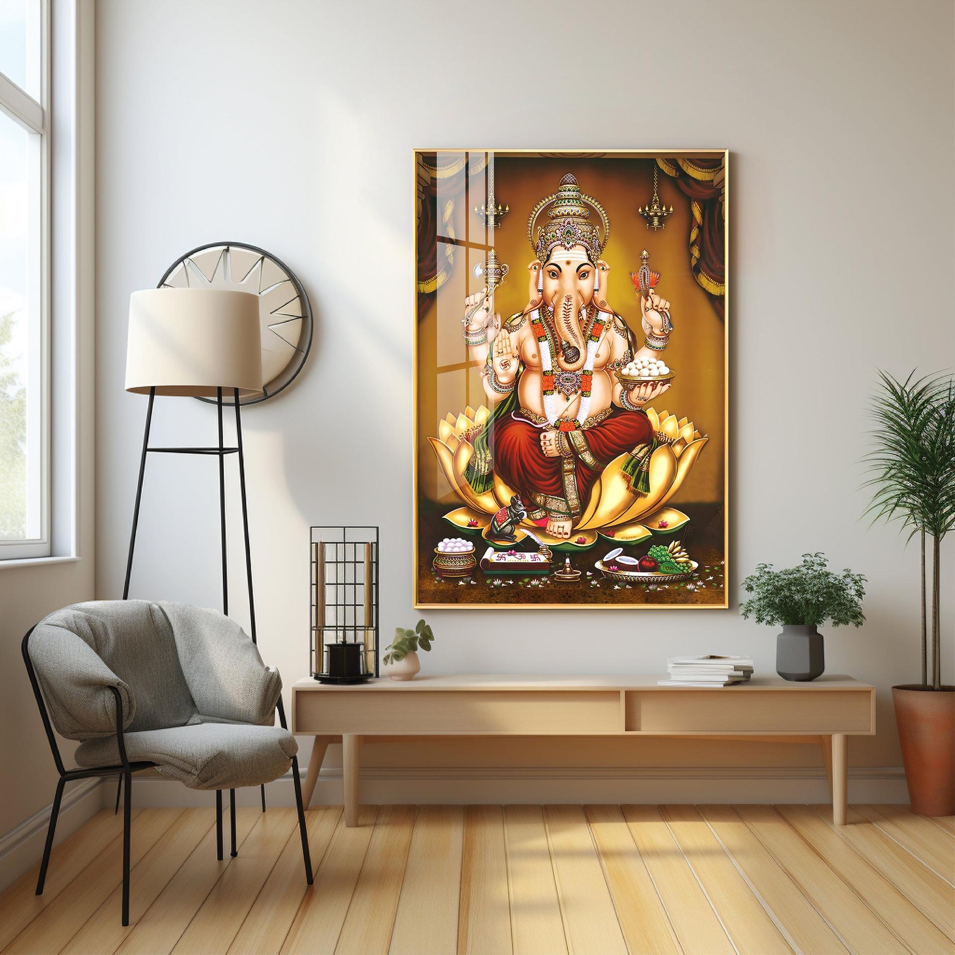 Lord Ganesha On Gold Lotus Premium Vertical Acrylic Wall Art - Image 5