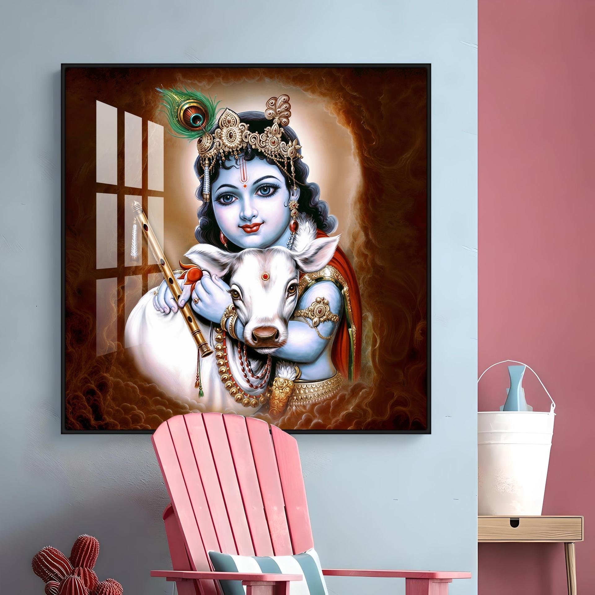 Krishna With Bansuri & Cow Premium Acrylic Horizontal Wall Art - Image 15