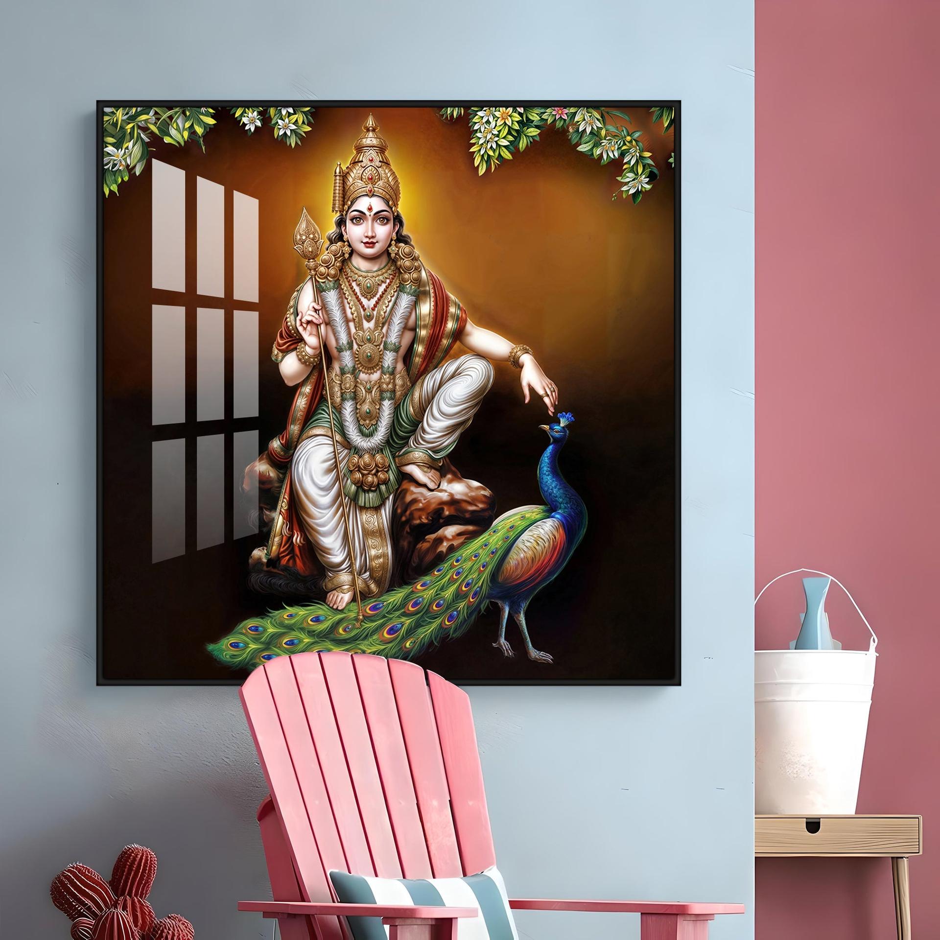 Lord Murugan With Peacock Premium Acrylic Square Wall Art - Image 10