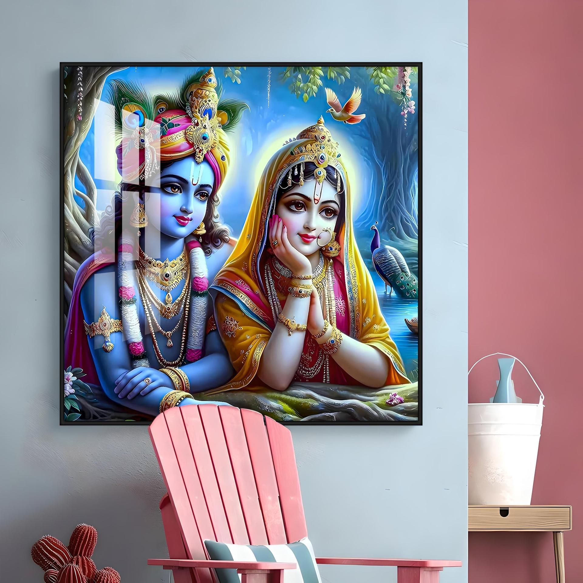 Radha Krishna In Vatika Premium Acrylic Square Wall Art - Image 8