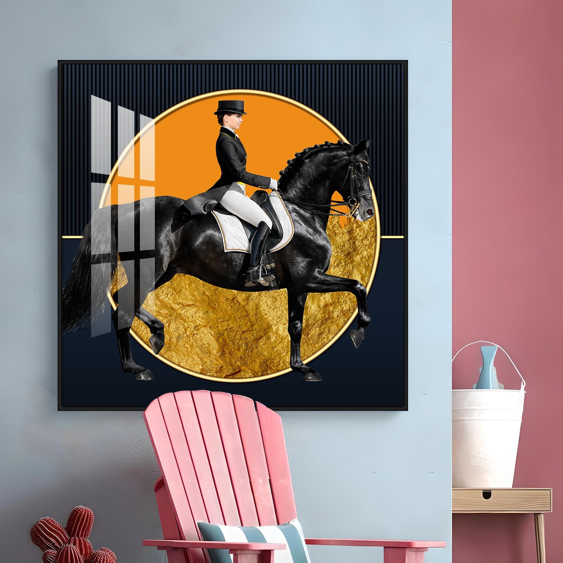 Man Riding On Black Horse Premium Acrylic Square Wall Art - Image 10