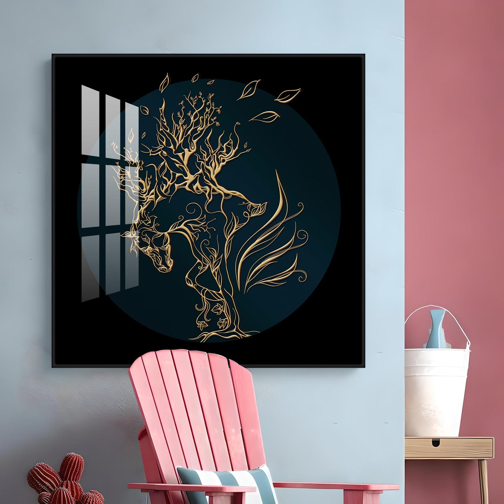 Golden Horse Lines Abstract Premium Acrylic Square Wall Art - Image 8
