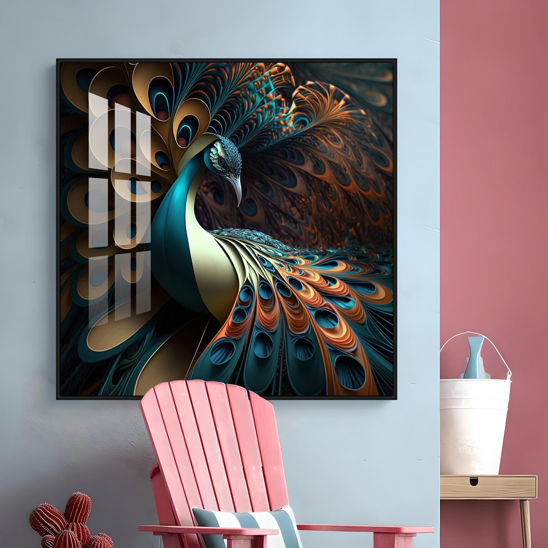 Peacock Is Shown With Large Feather Premium Acrylic Square Wall Art - Image 10