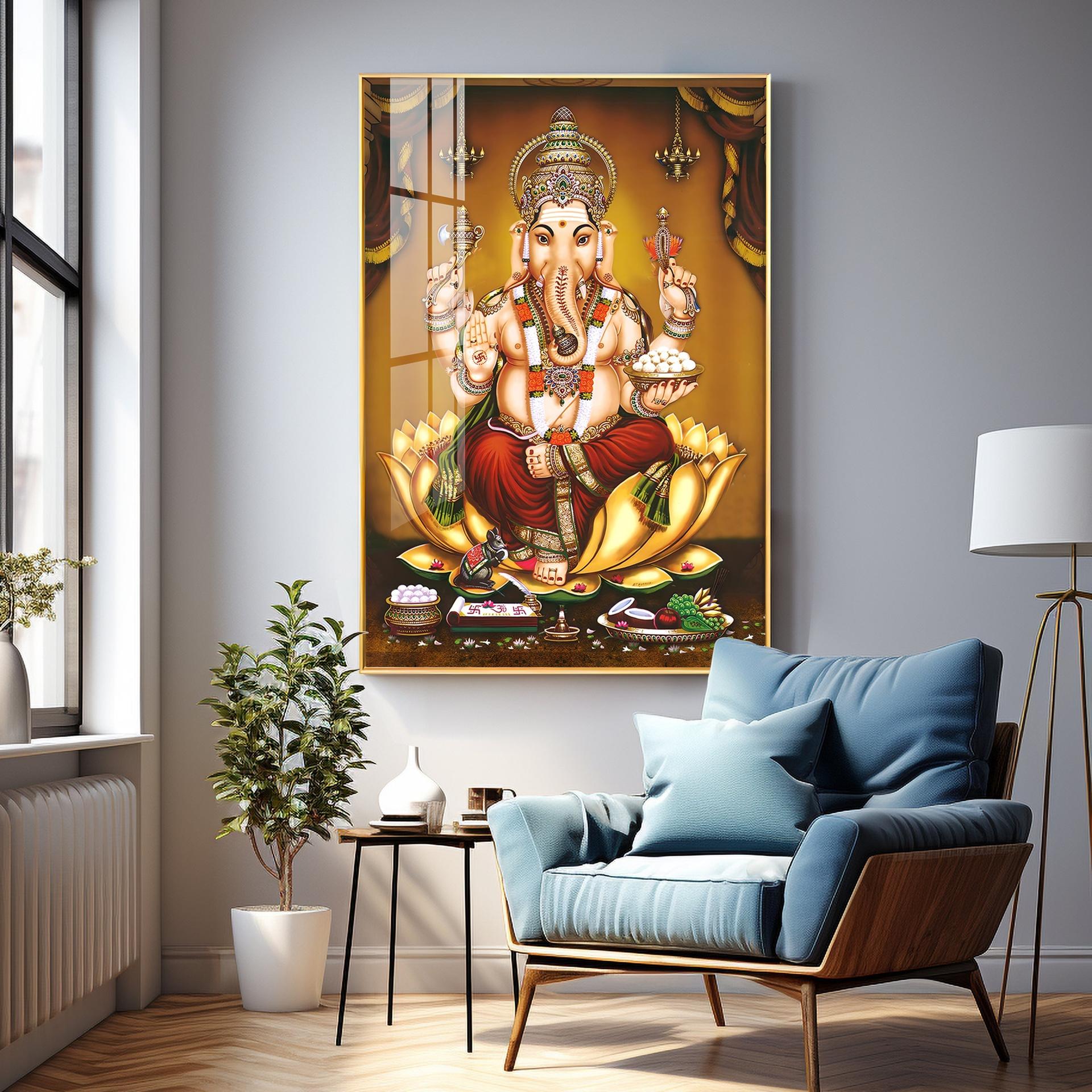 Lord Ganesha On Gold Lotus Premium Vertical Acrylic Wall Art - Image 4