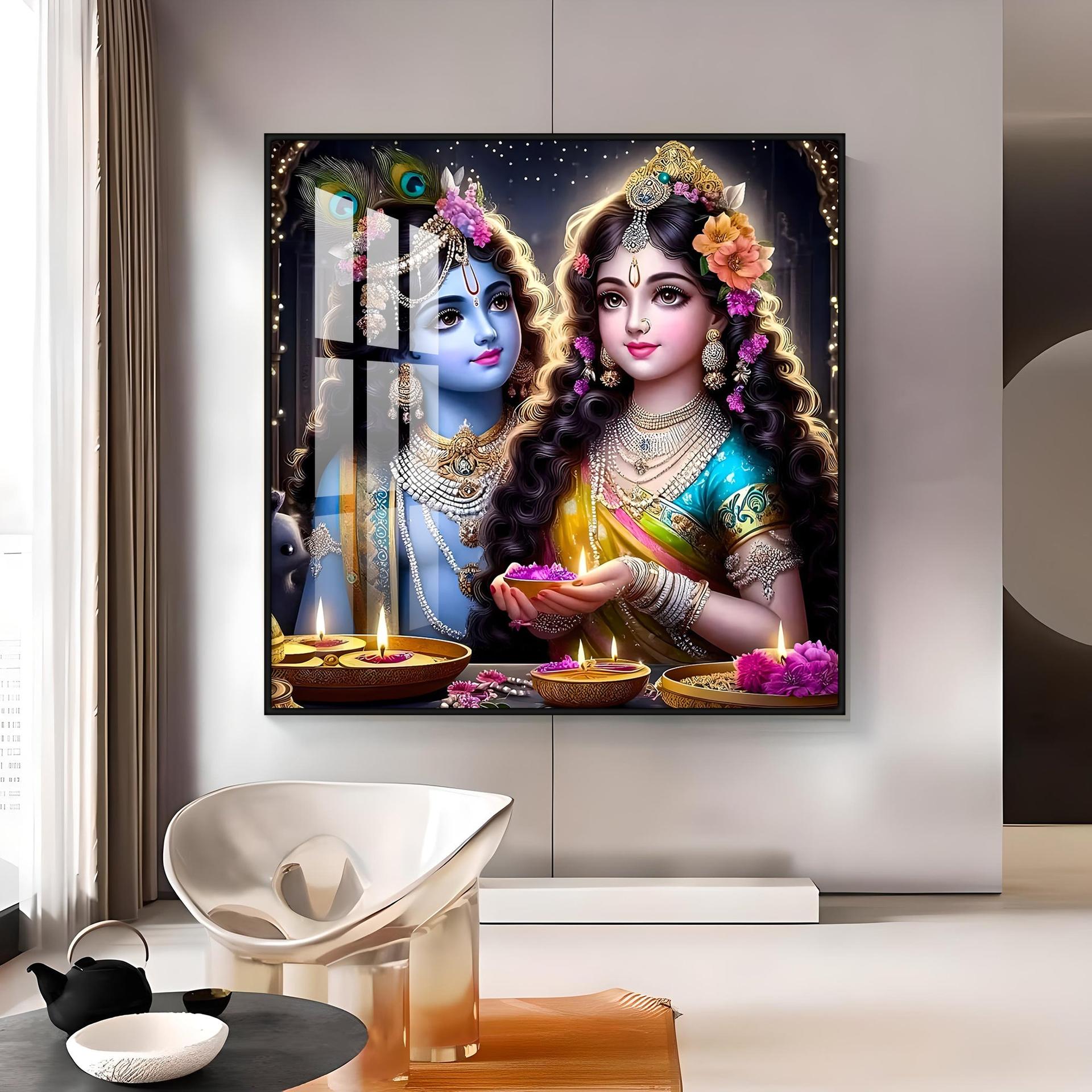 Glowing Krishna Radha Premium Acrylic Square Wall Art - Image 8