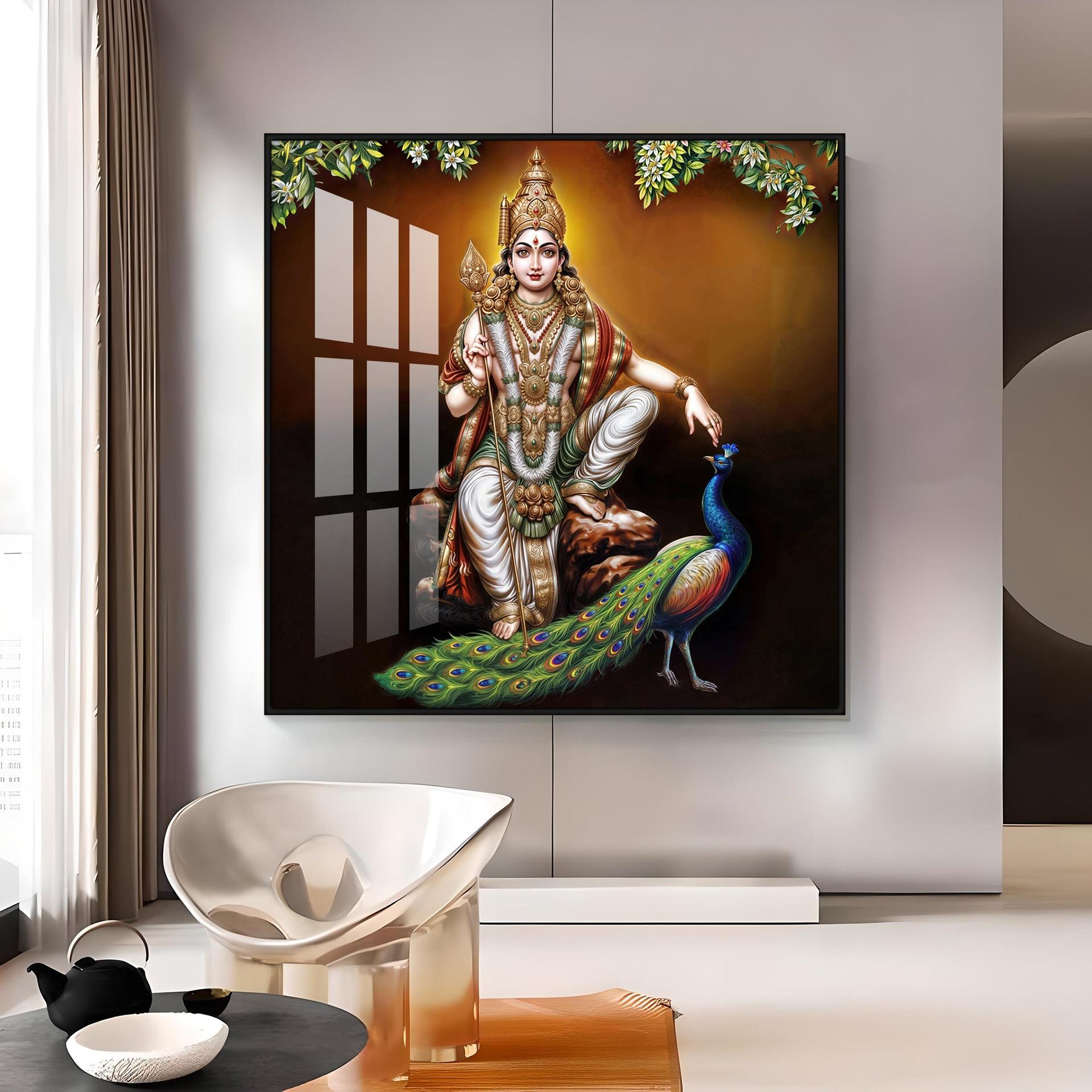 Lord Murugan With Peacock Premium Acrylic Square Wall Art - Image 11