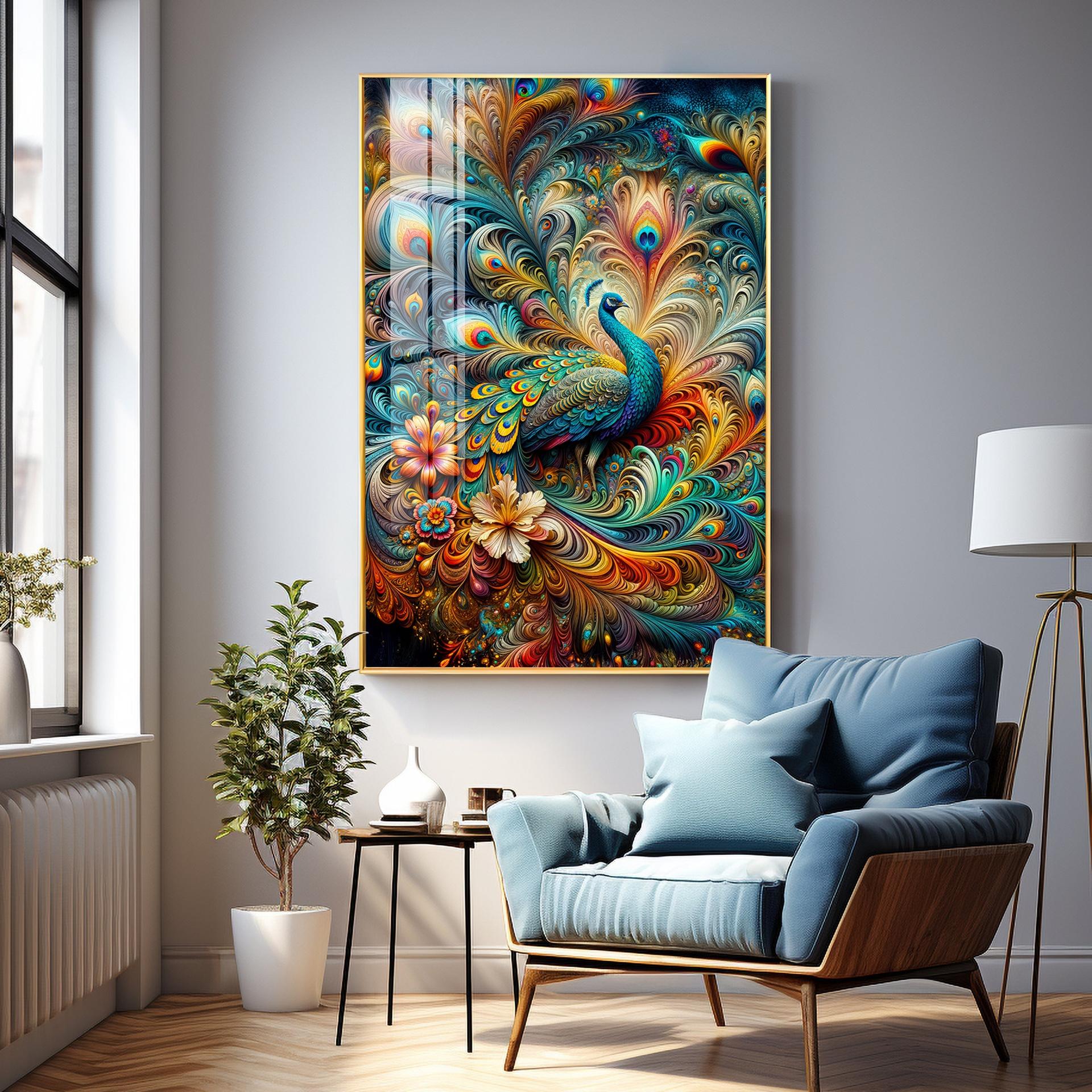 Chromatic Peacock Elegance Luxury Crystal Vertical Wall Art - Image 7