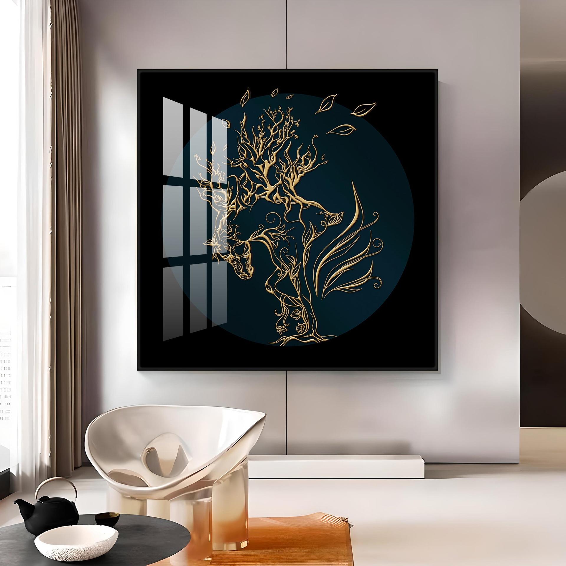 Golden Horse Lines Abstract Premium Acrylic Square Wall Art - Image 13