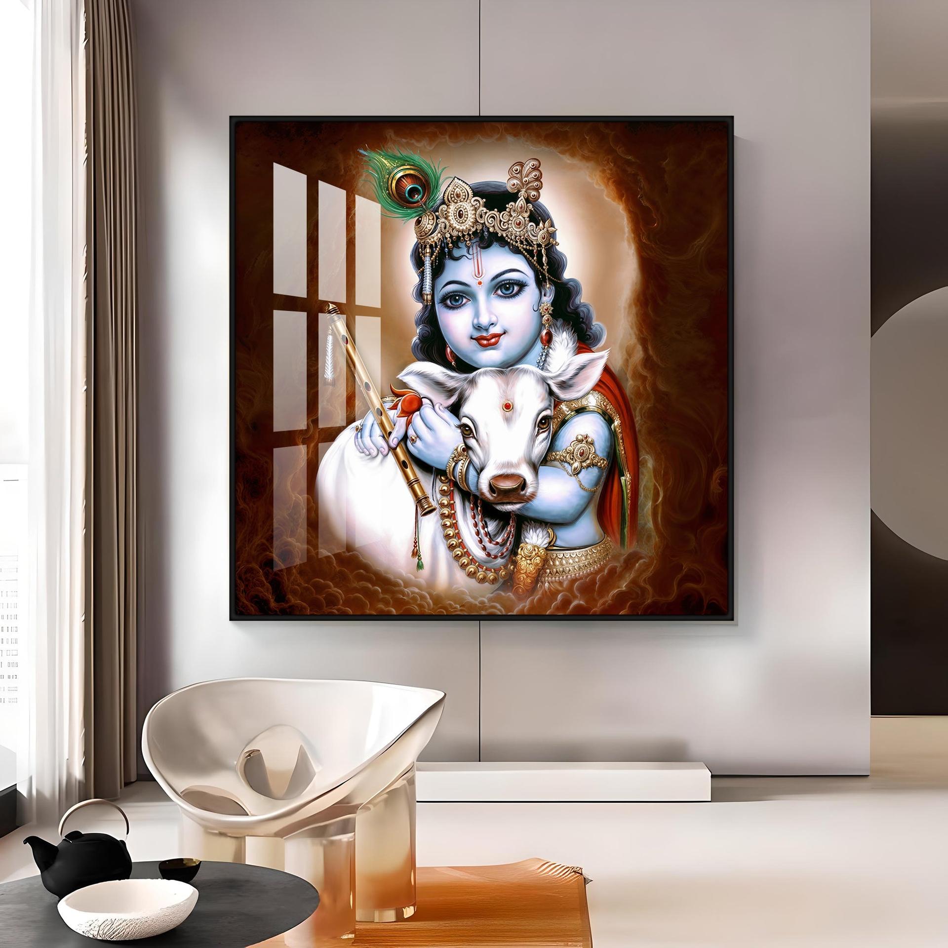 Krishna With Bansuri & Cow Premium Acrylic Horizontal Wall Art - Image 9