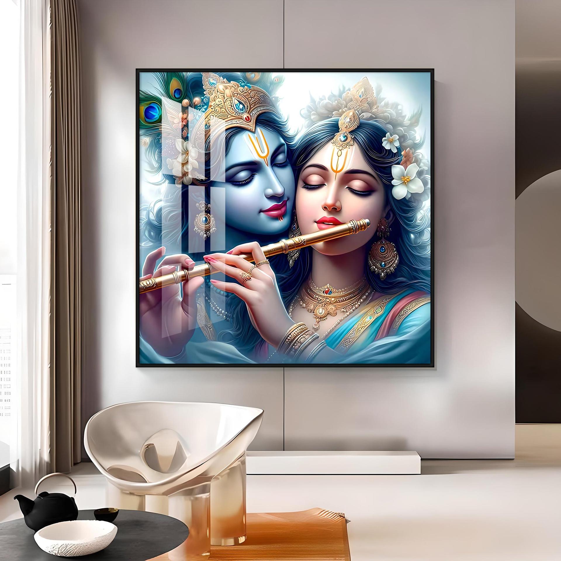 Radha Krishna With Flute Premium Acrylic Square Wall Art - Image 10
