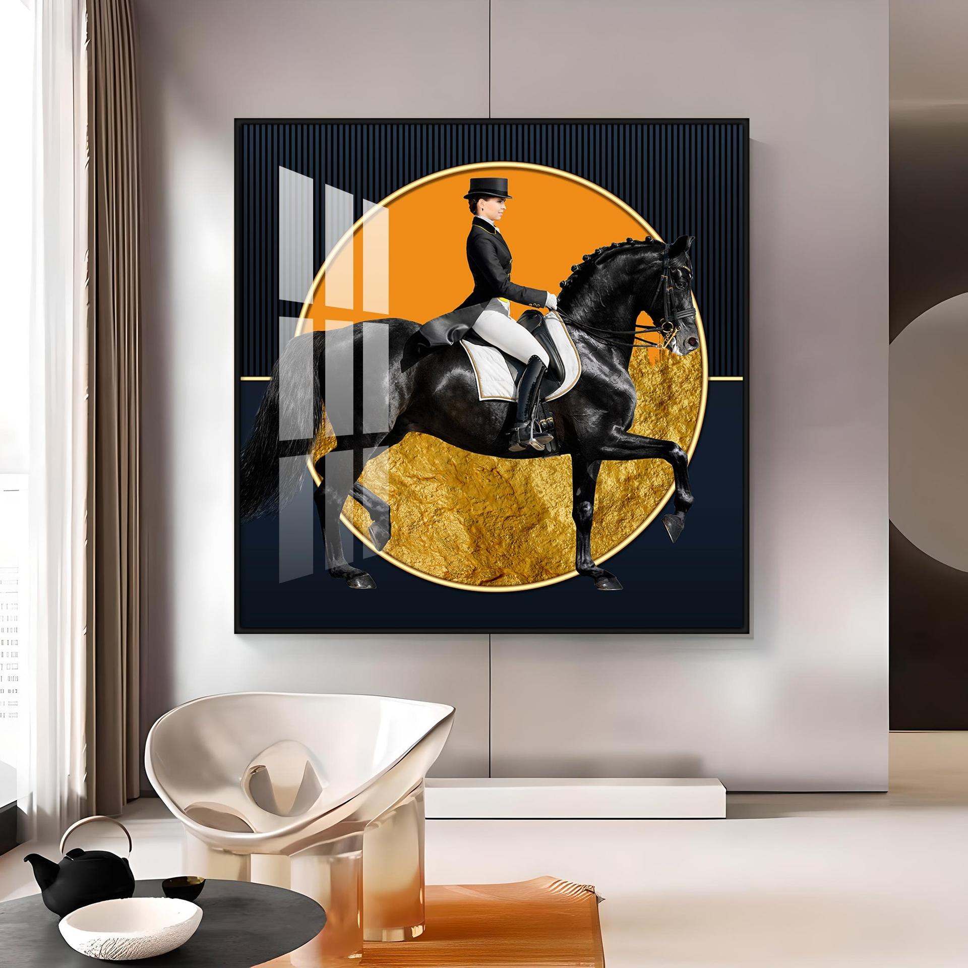 Man Riding On Black Horse Premium Acrylic Square Wall Art - Image 11