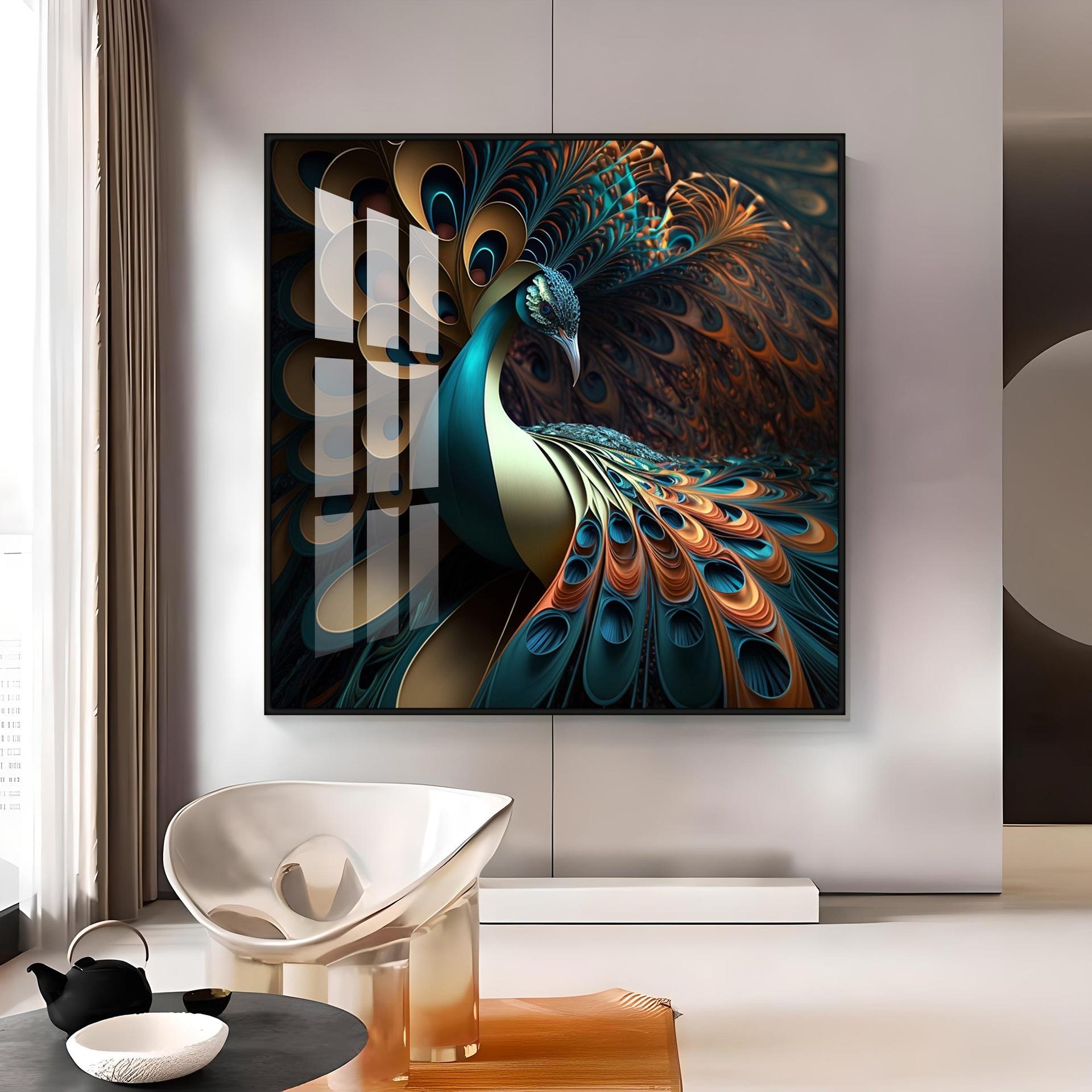 Peacock Is Shown With Large Feather Premium Acrylic Square Wall Art - Image 14