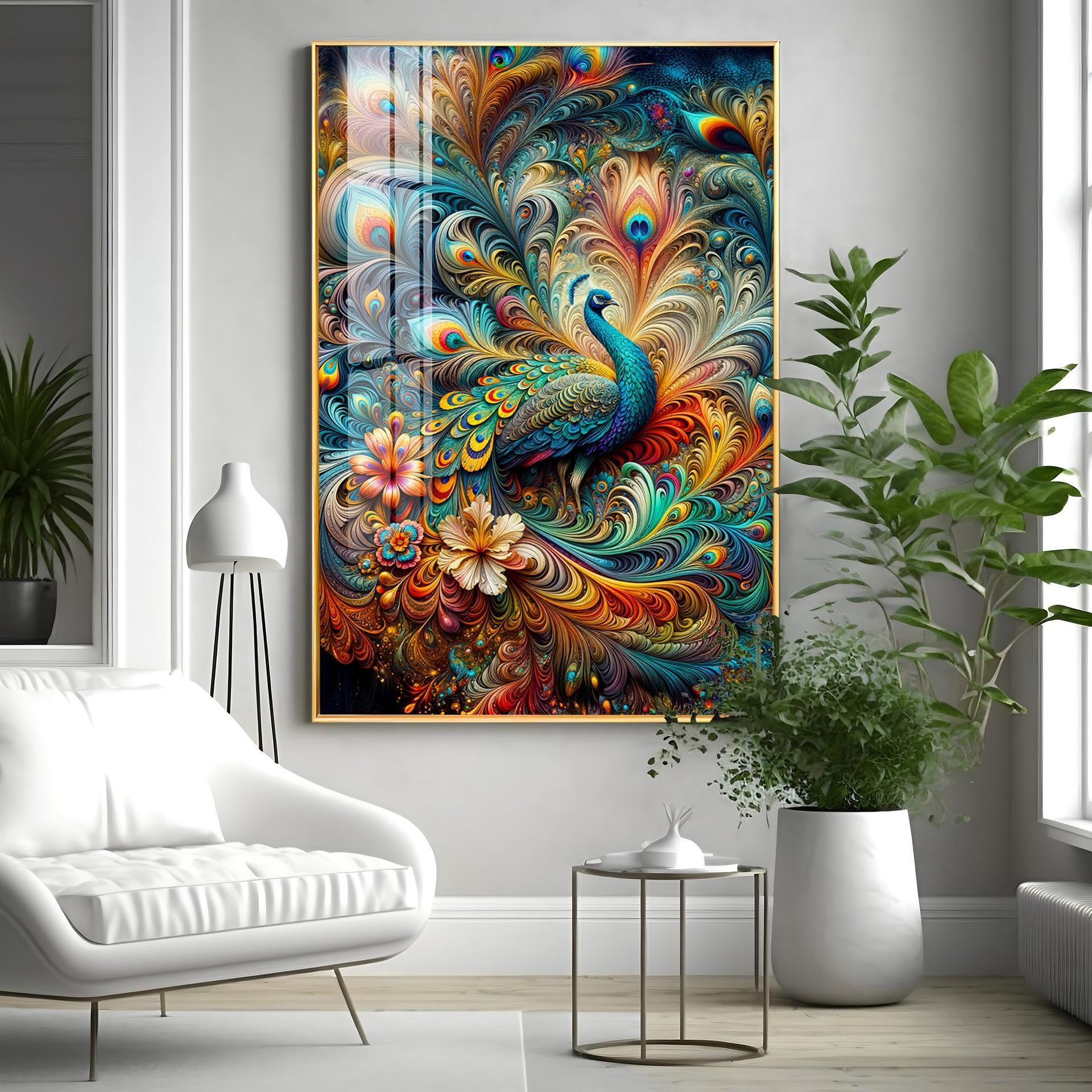 Chromatic Peacock Elegance Luxury Crystal Vertical Wall Art - Image 8