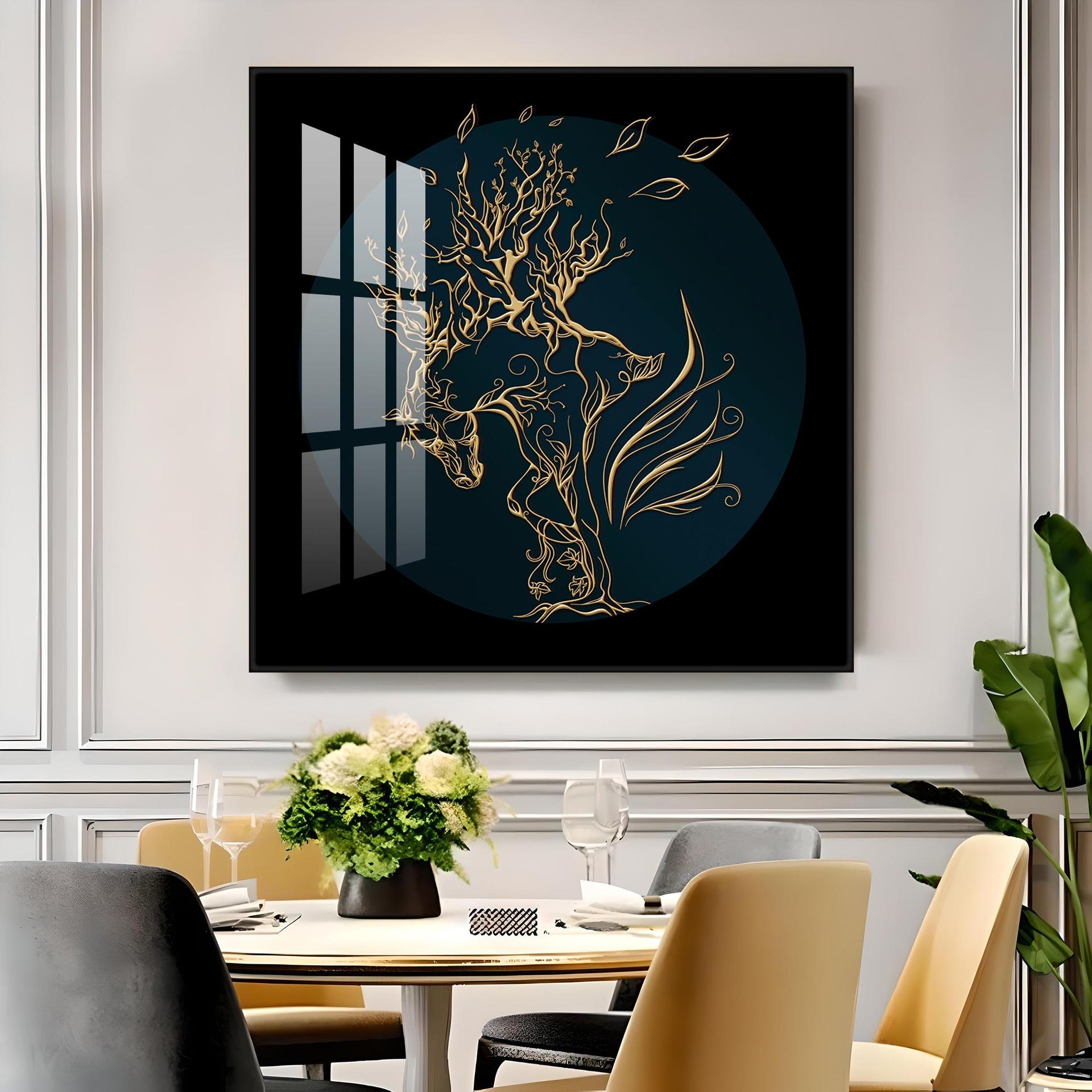 Golden Horse Lines Abstract Premium Acrylic Square Wall Art - Image 15