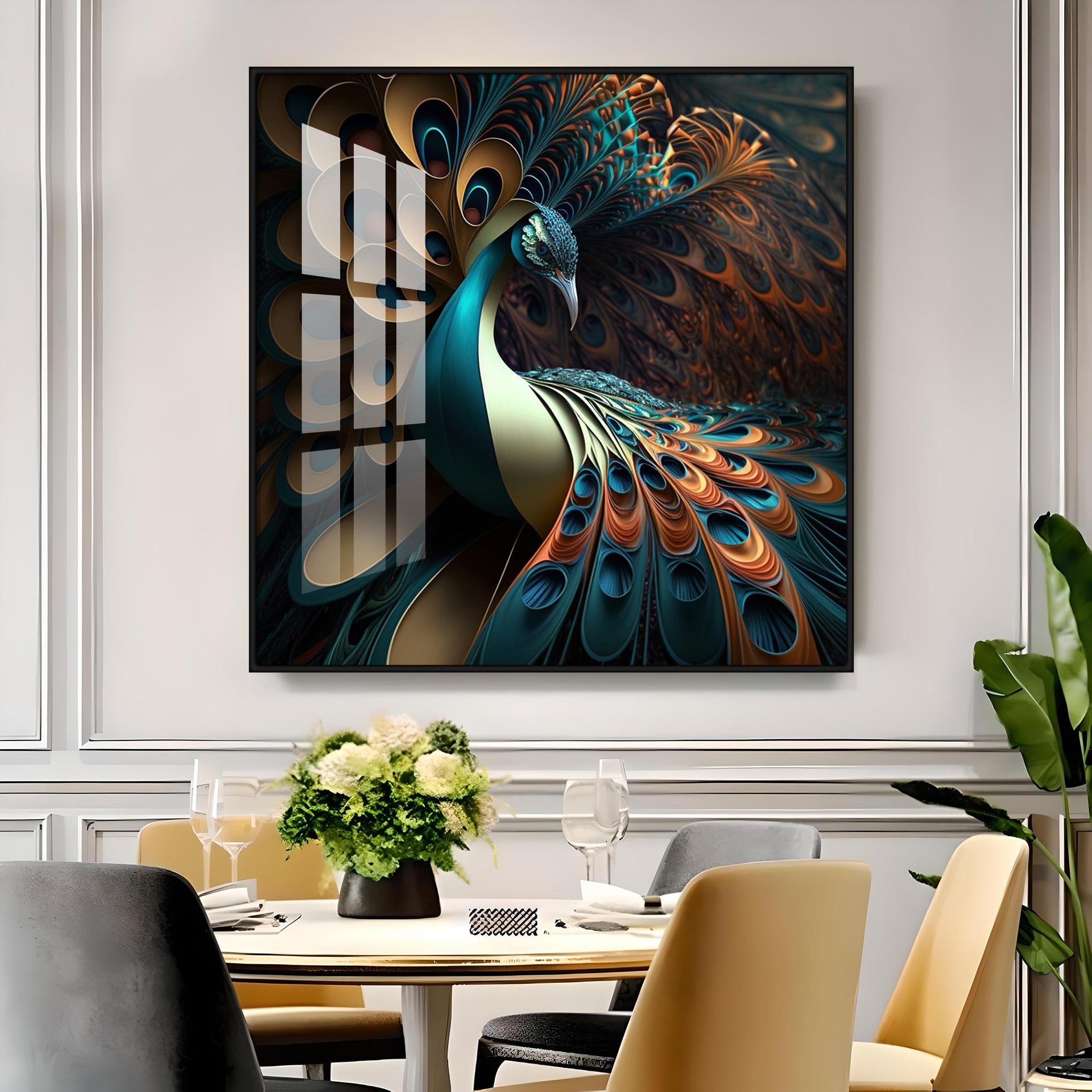 Peacock Is Shown With Large Feather Premium Acrylic Square Wall Art - Image 11