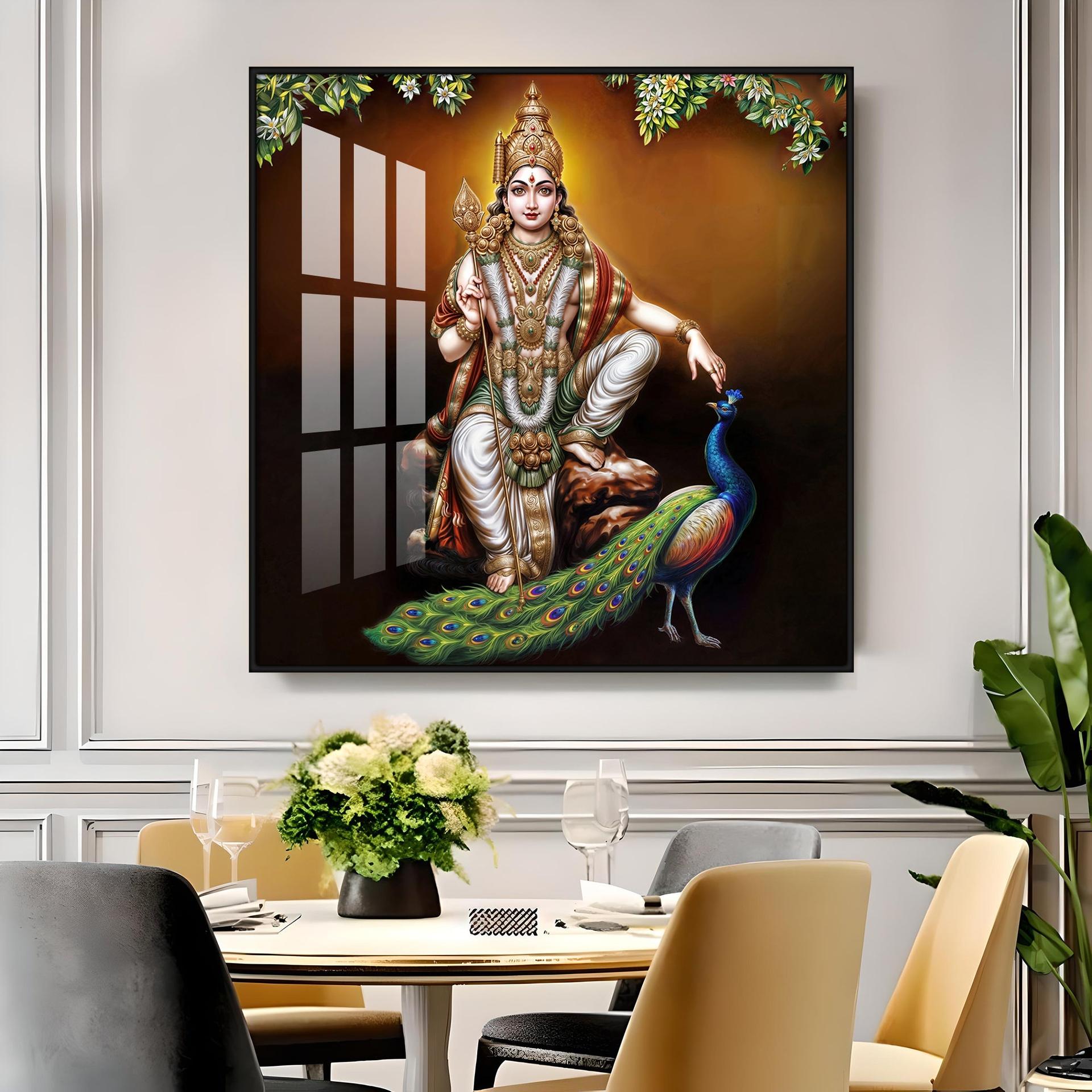 Lord Murugan With Peacock Premium Acrylic Square Wall Art - Image 16