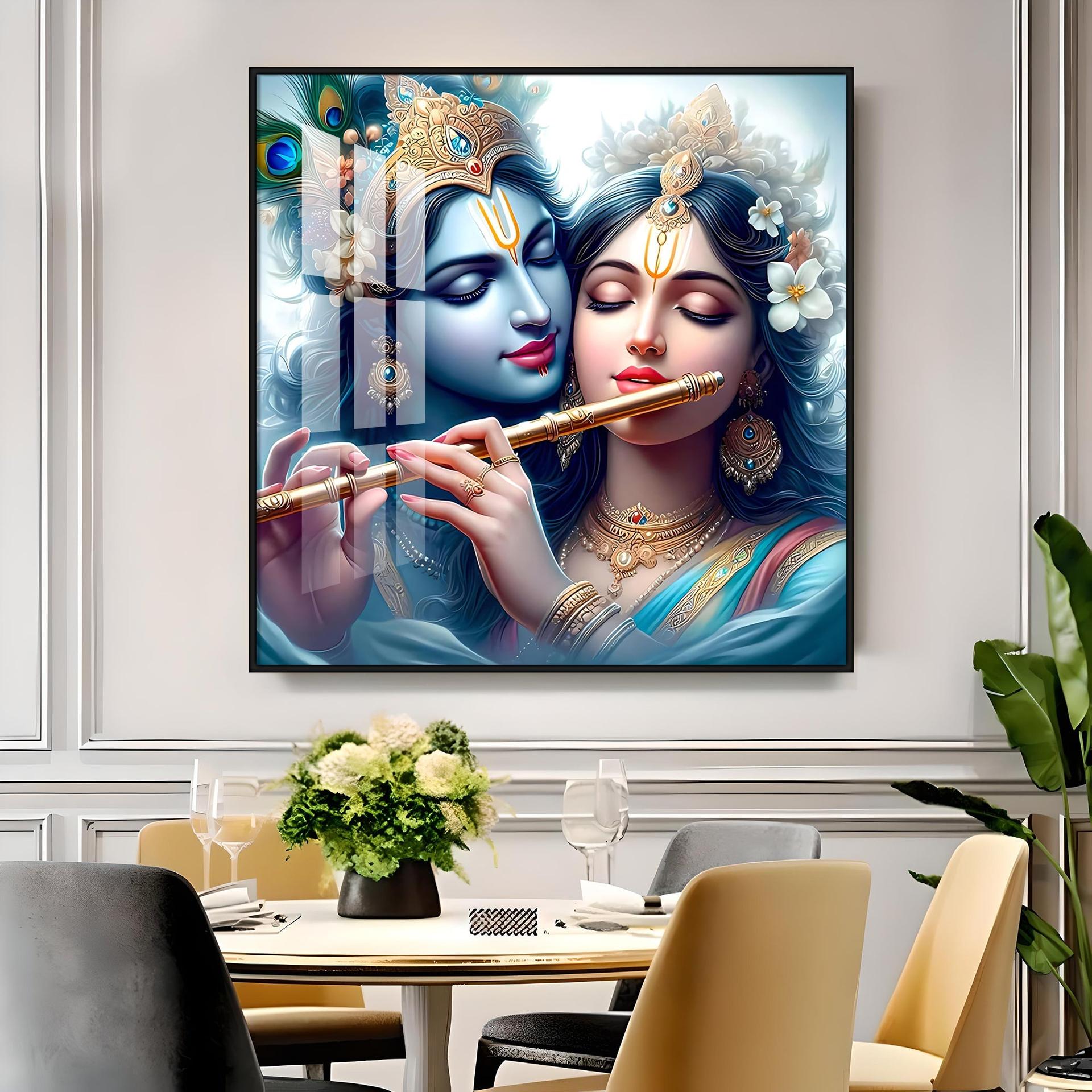 Radha Krishna With Flute Premium Acrylic Square Wall Art - Image 12