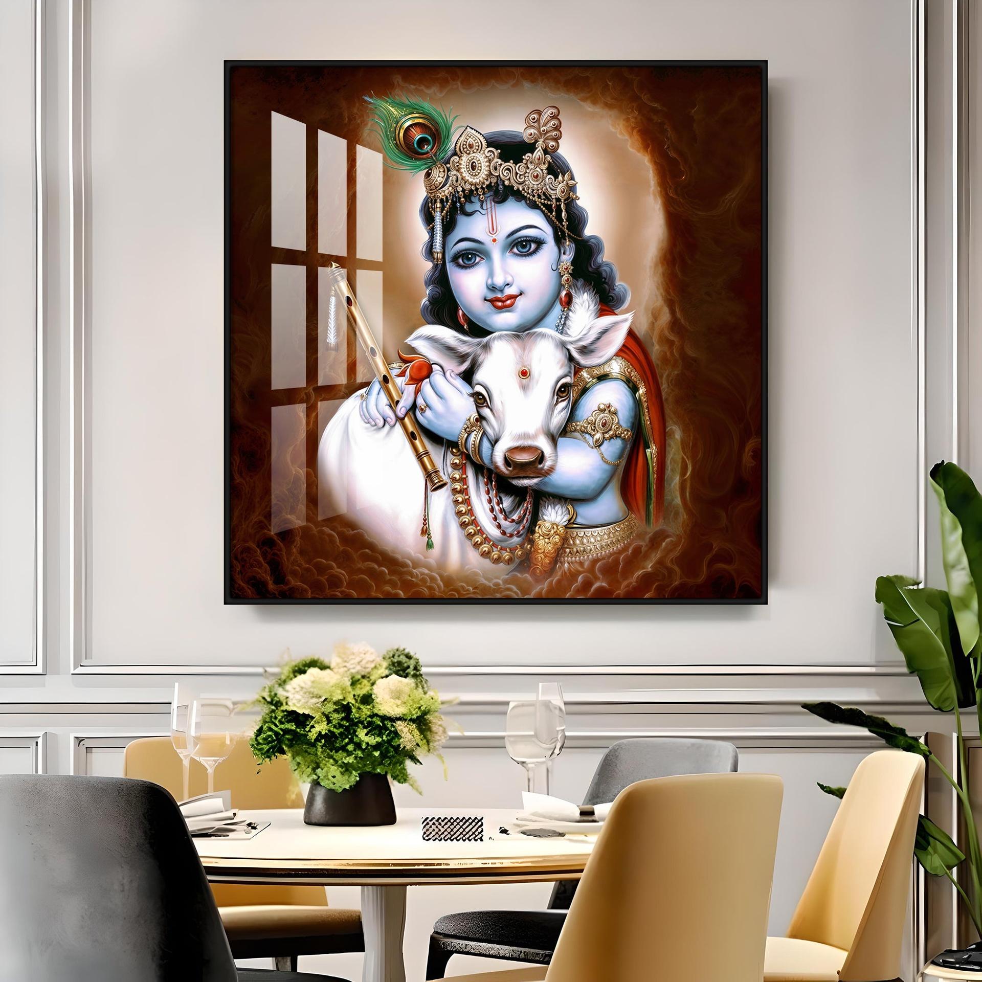 Krishna With Bansuri & Cow Premium Acrylic Horizontal Wall Art - Image 12