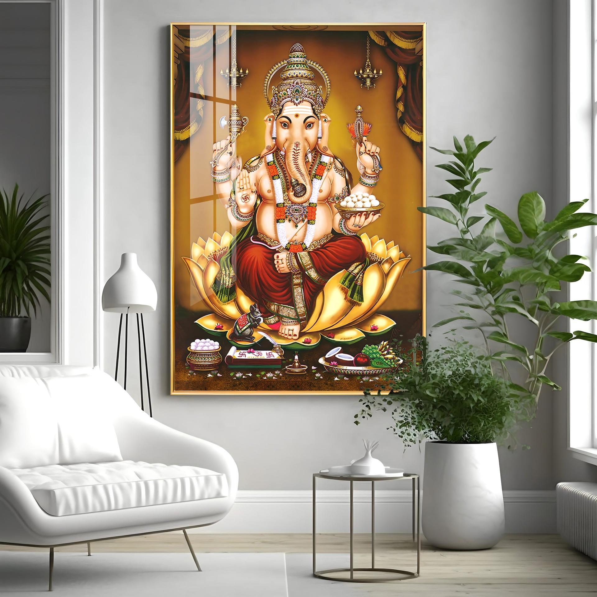 Lord Ganesha On Gold Lotus Premium Vertical Acrylic Wall Art - Image 3