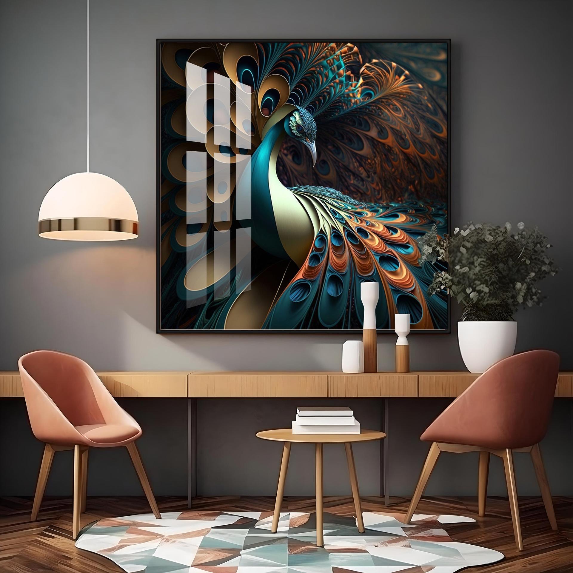 Peacock Is Shown With Large Feather Premium Acrylic Square Wall Art - Image 12