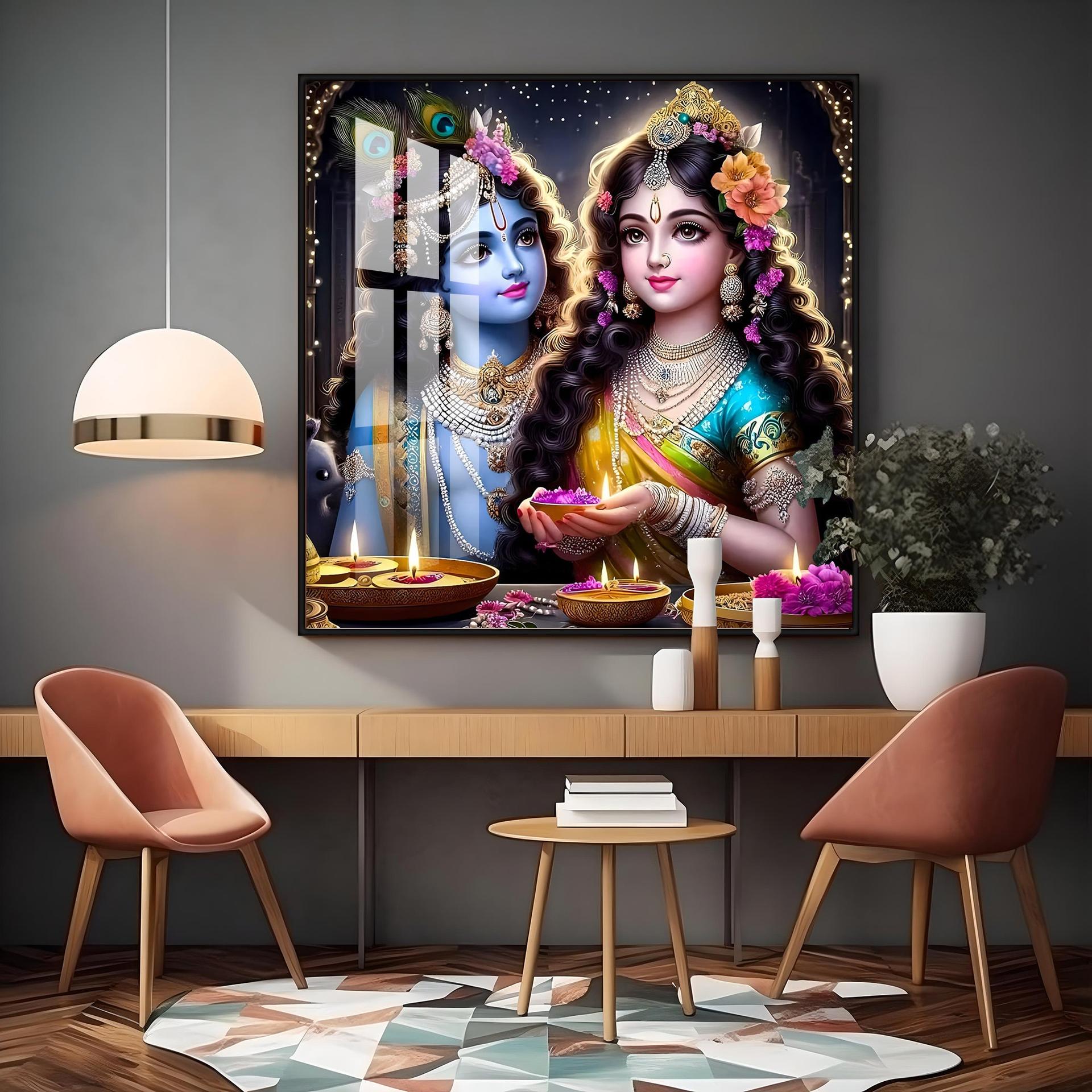 Glowing Krishna Radha Premium Acrylic Square Wall Art - Image 12