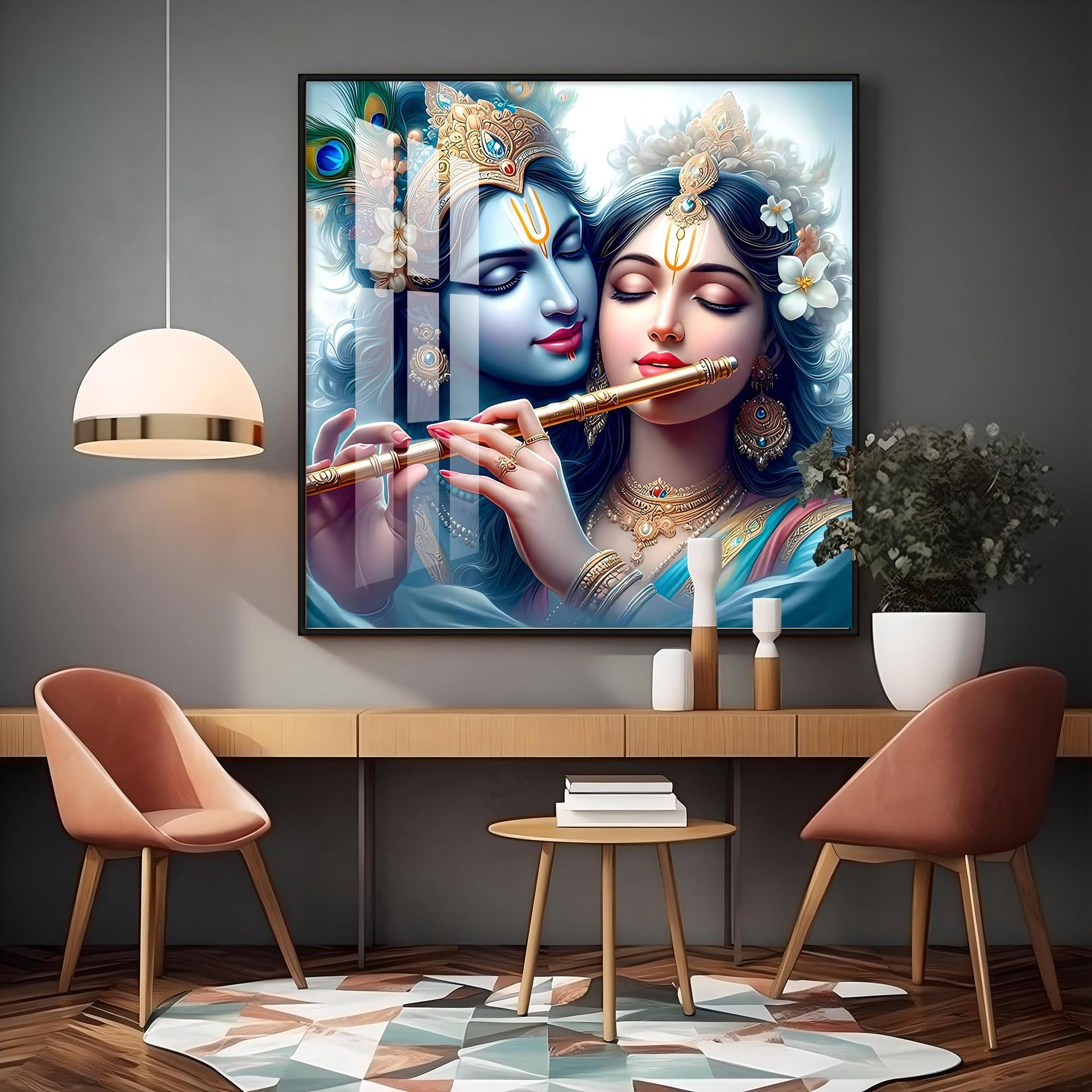 Radha Krishna With Flute Premium Acrylic Square Wall Art - Image 8