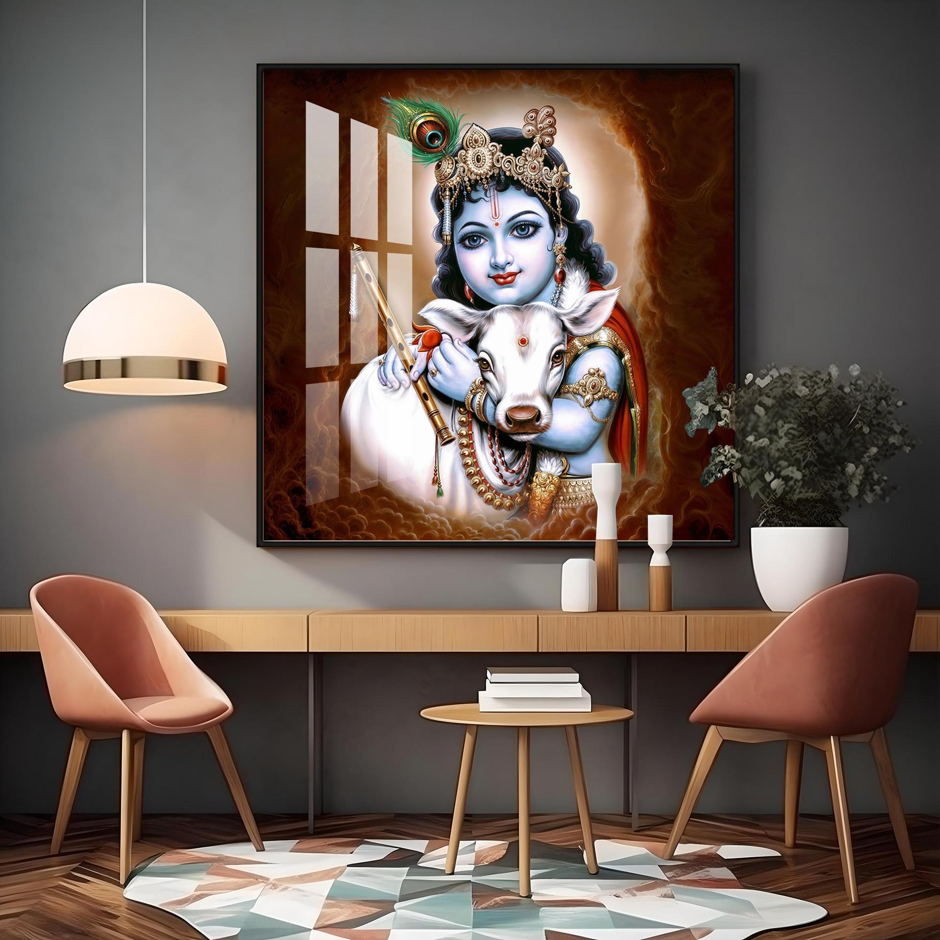 Krishna With Bansuri & Cow Premium Acrylic Horizontal Wall Art - Image 10
