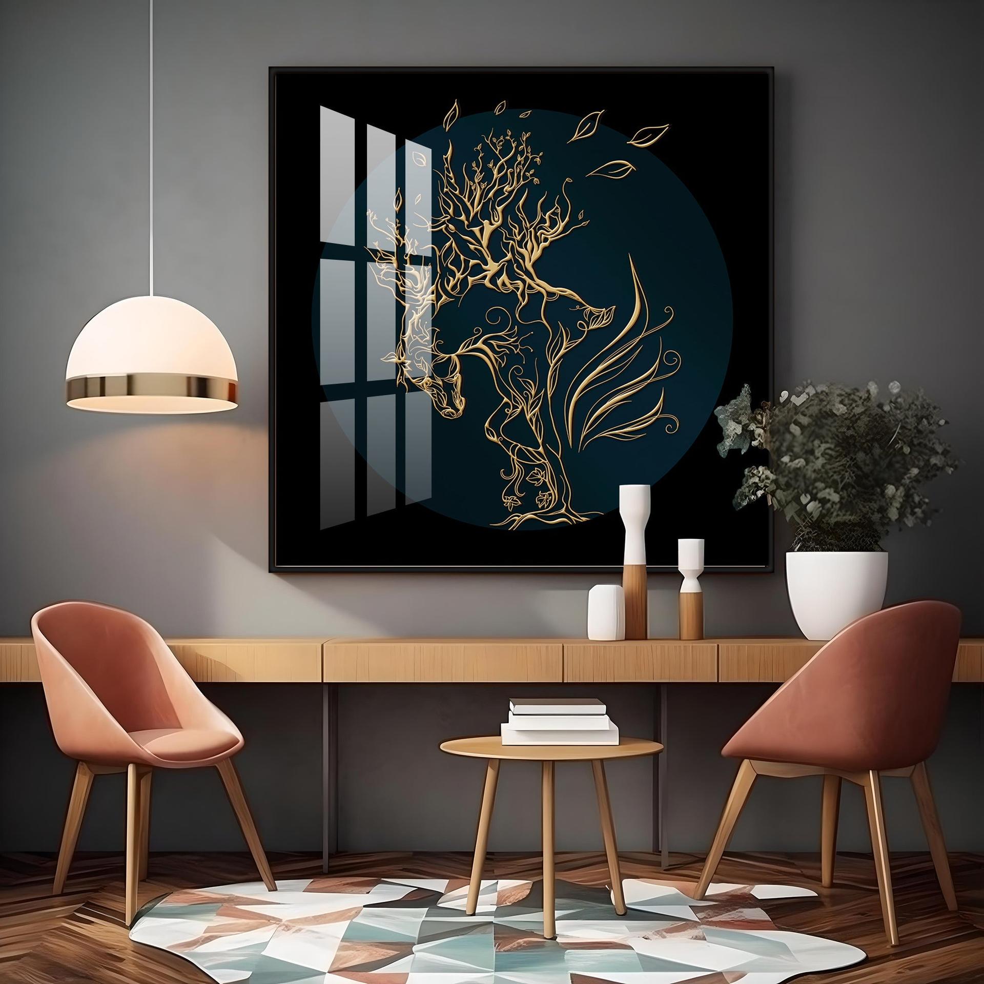 Golden Horse Lines Abstract Premium Acrylic Square Wall Art - Image 9