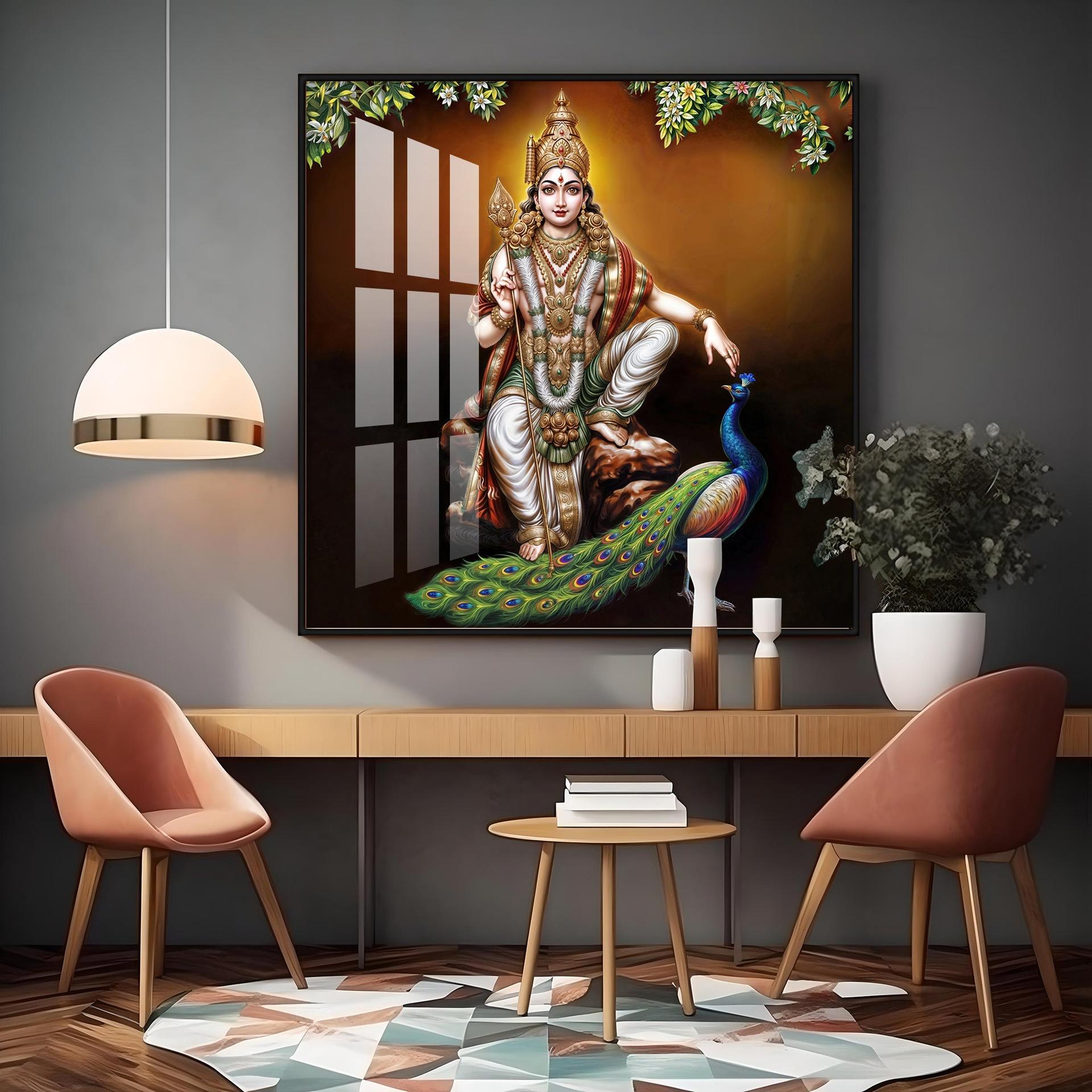 Lord Murugan With Peacock Premium Acrylic Square Wall Art - Image 12