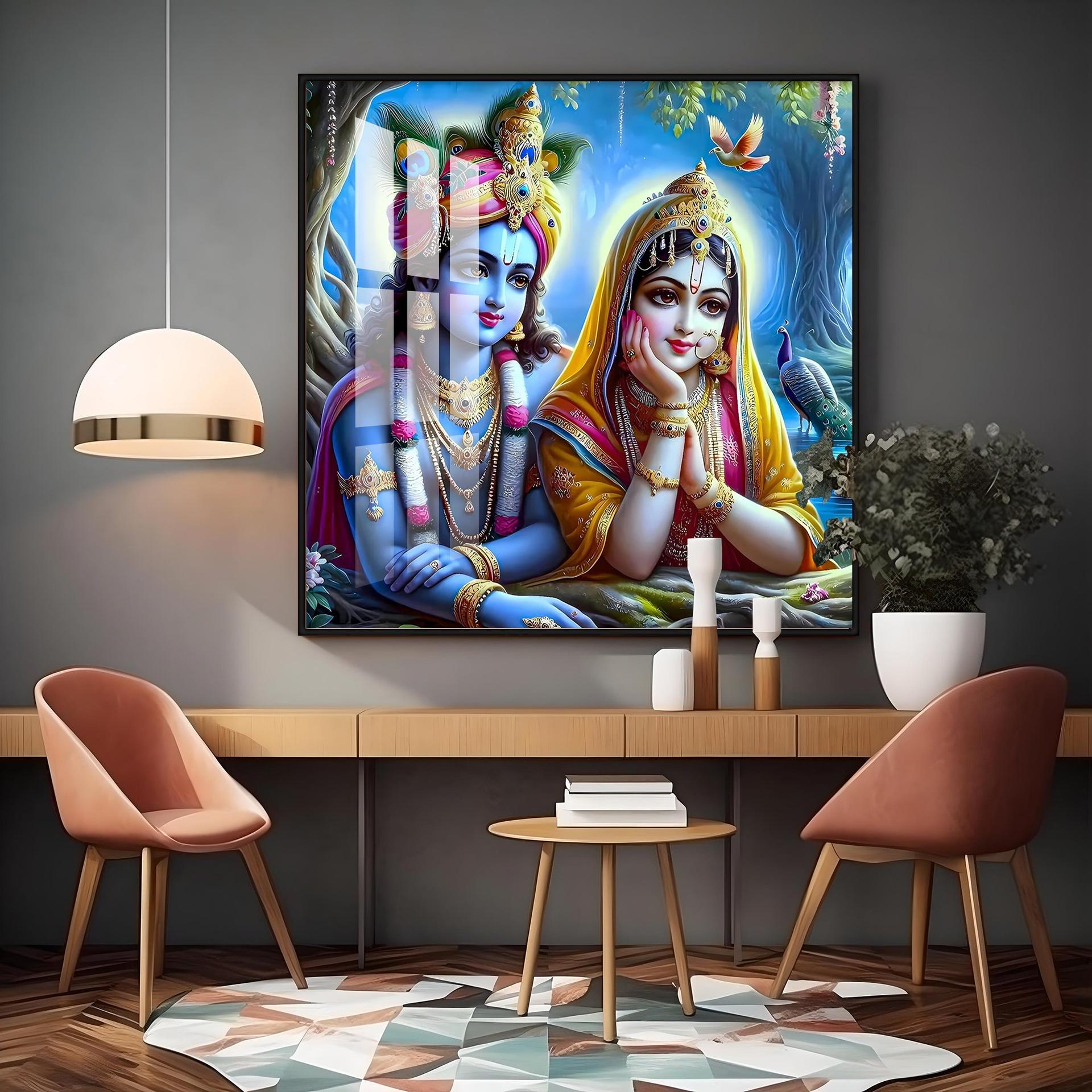 Radha Krishna In Vatika Premium Acrylic Square Wall Art - Image 14