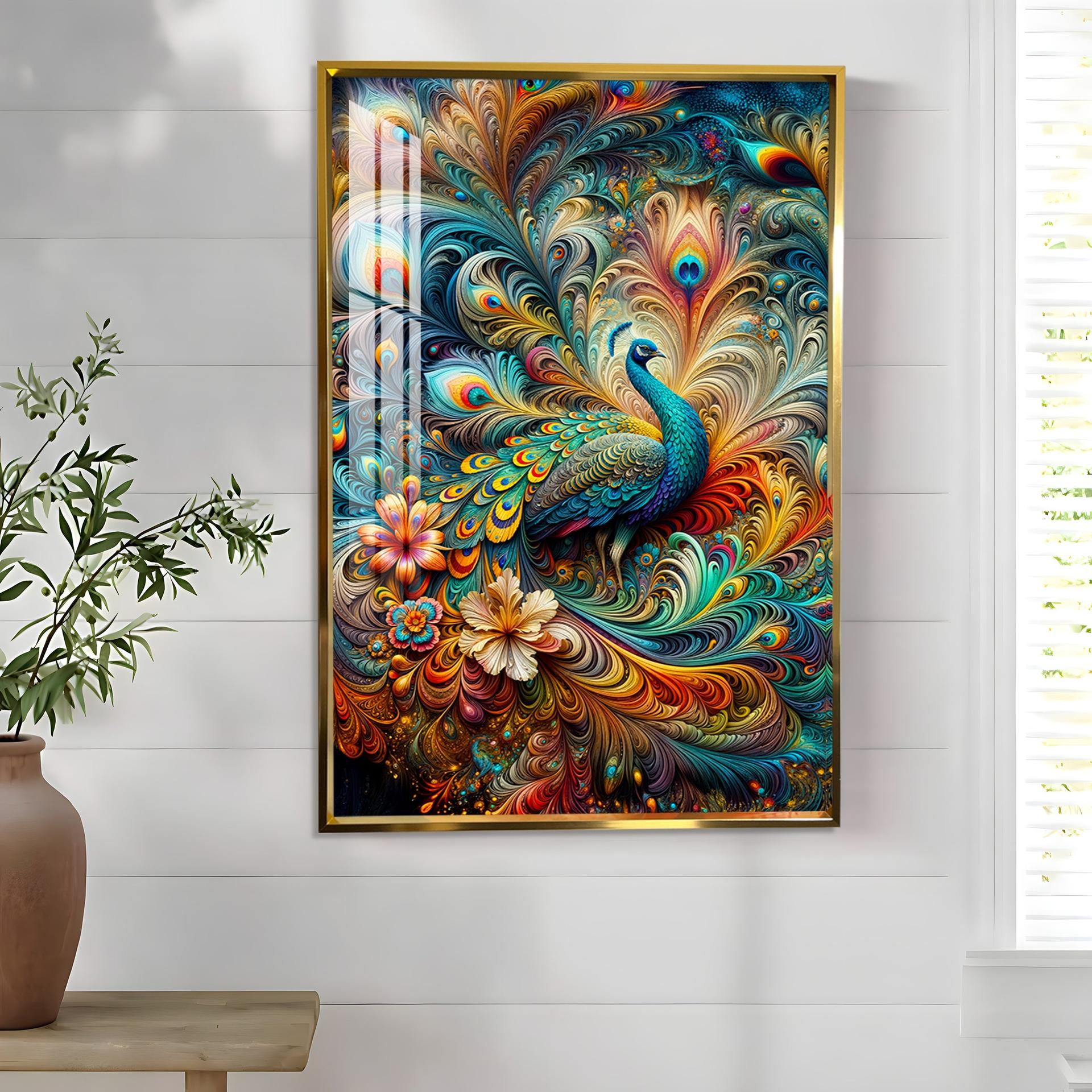 Chromatic Peacock Elegance Luxury Crystal Vertical Wall Art - Image 9